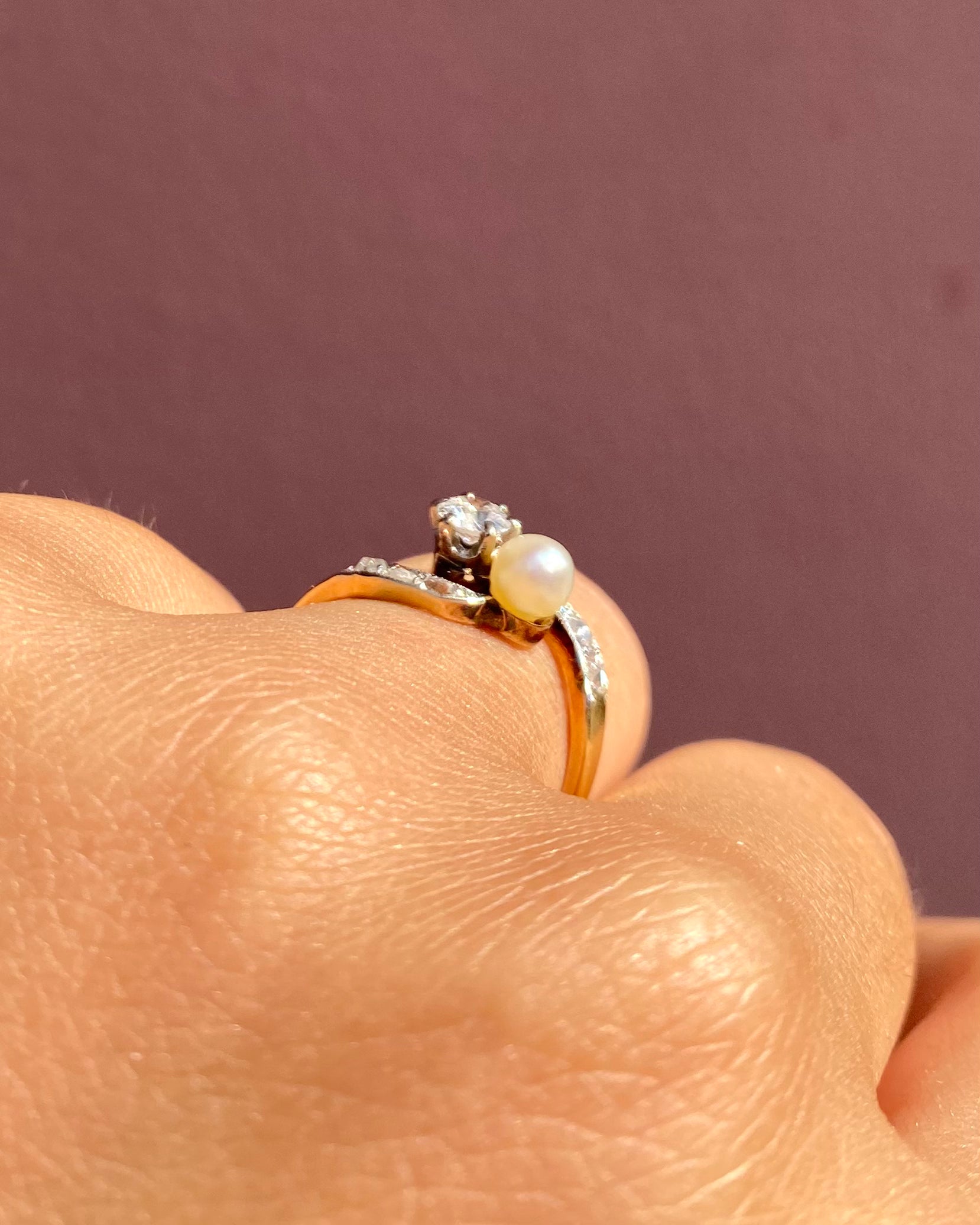 Bague Art-déco Toi & Moi Perle & Diamants 0.45 carat "Prunelle"