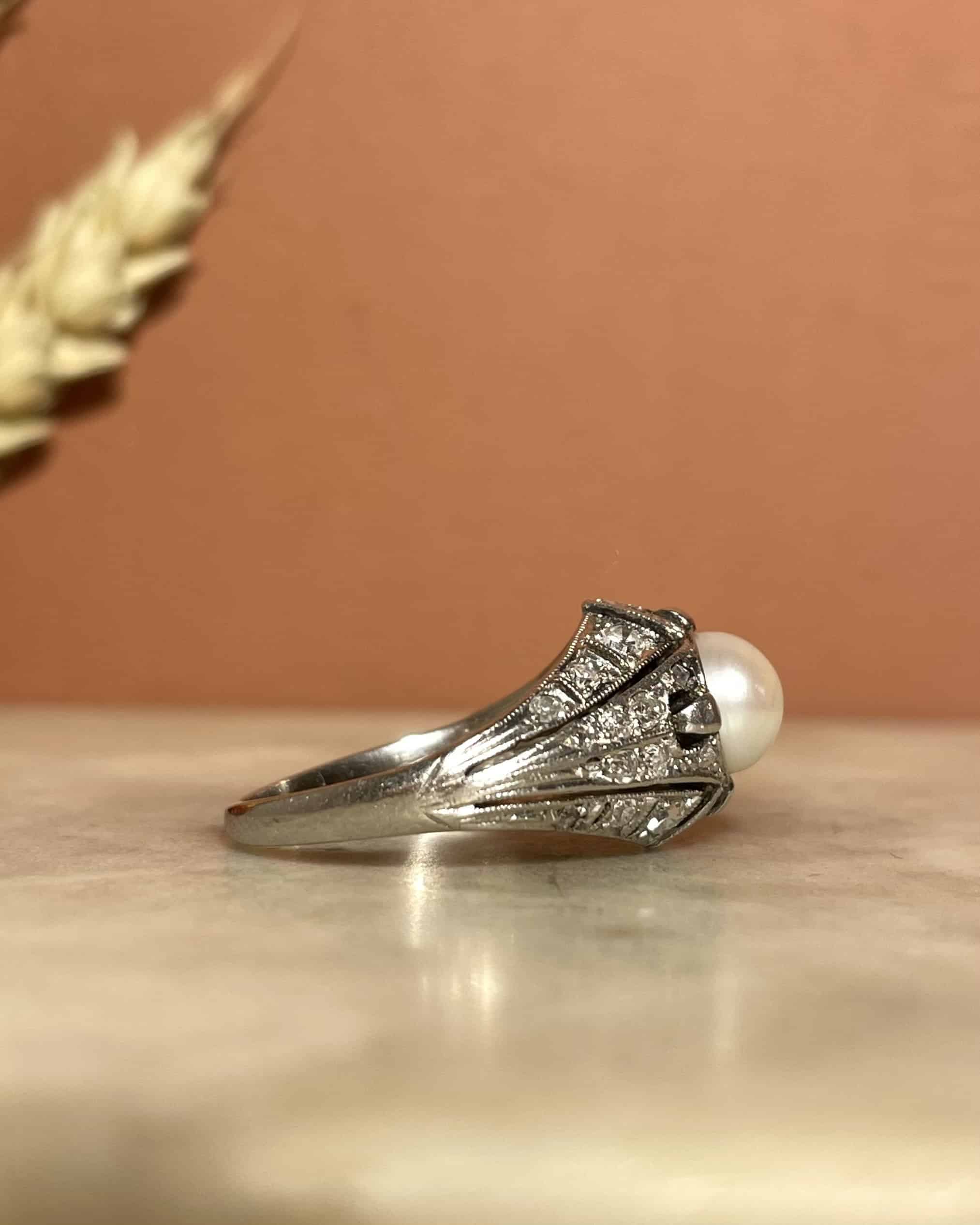 Bague Art-Déco Perle & 30 Diamants "Winifred"