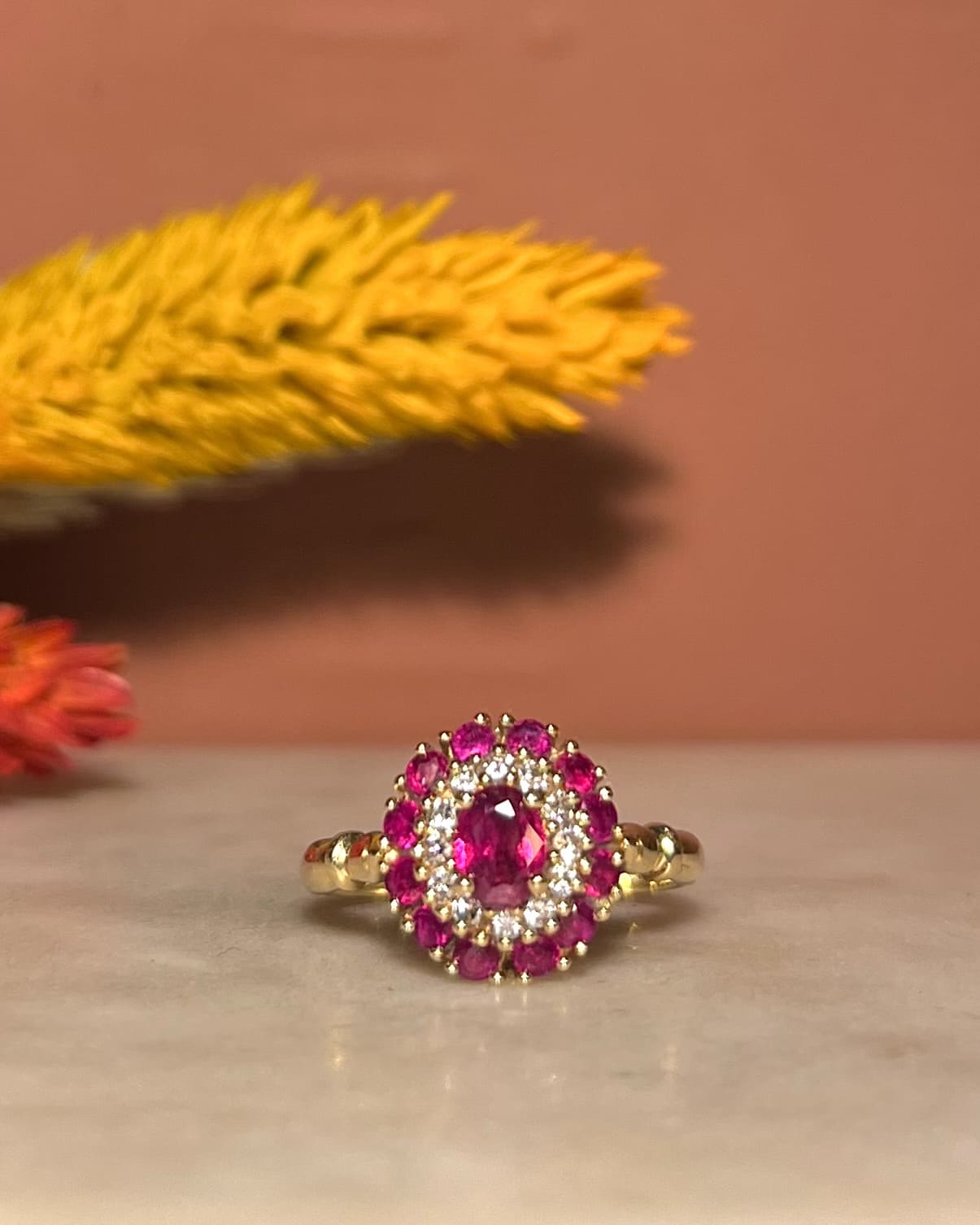 Art Deco Style Ruby & Diamond Daisy Ring "Lilly"