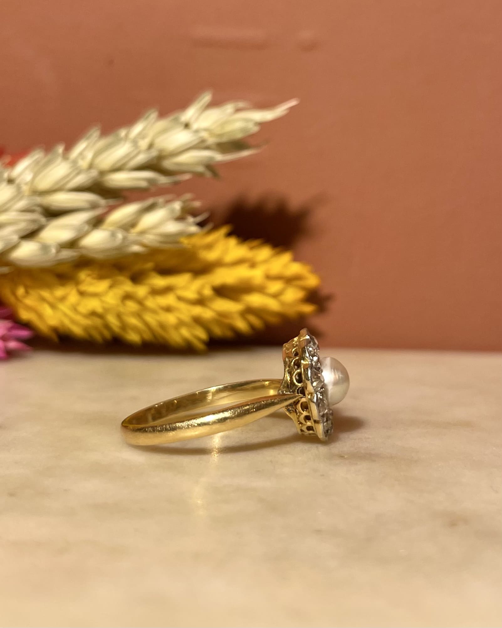 Bague Art-Déco Perle & 10 Diamant "Magnolia"