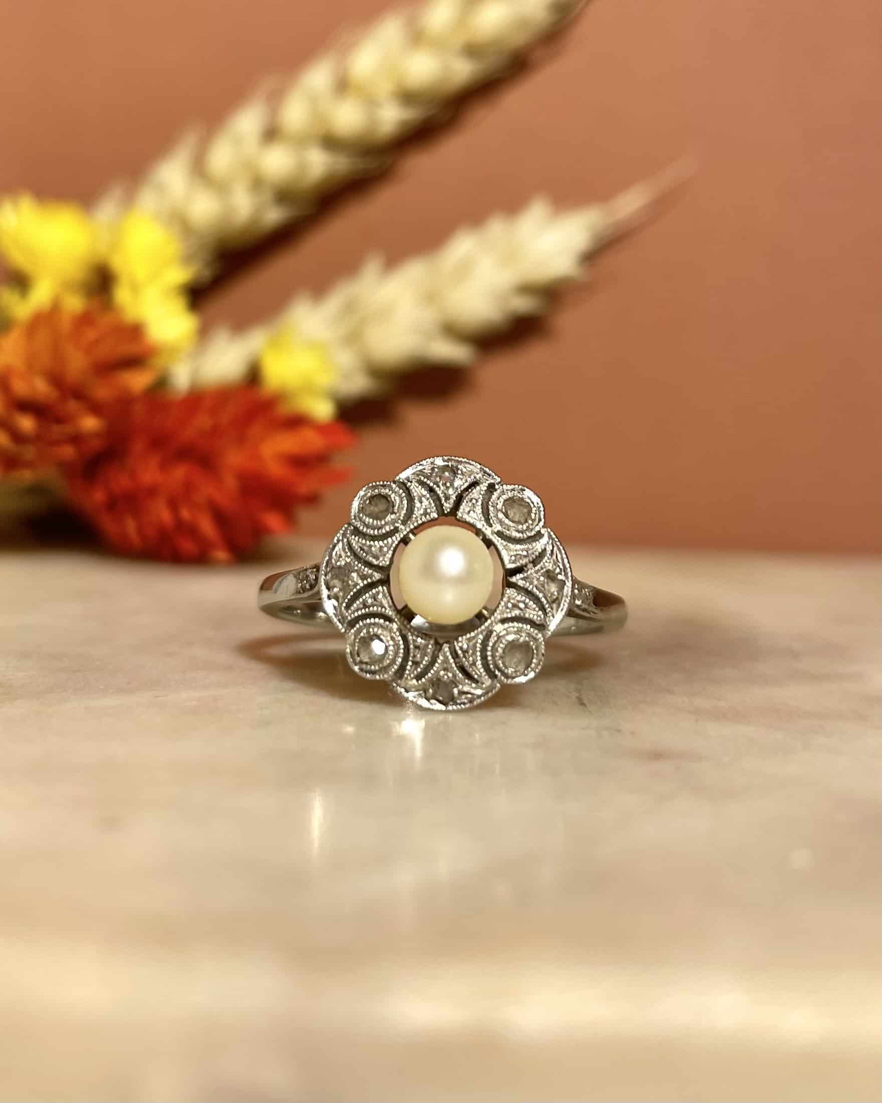 Art Deco Pearl & 12 Diamond Ring "Malakai"