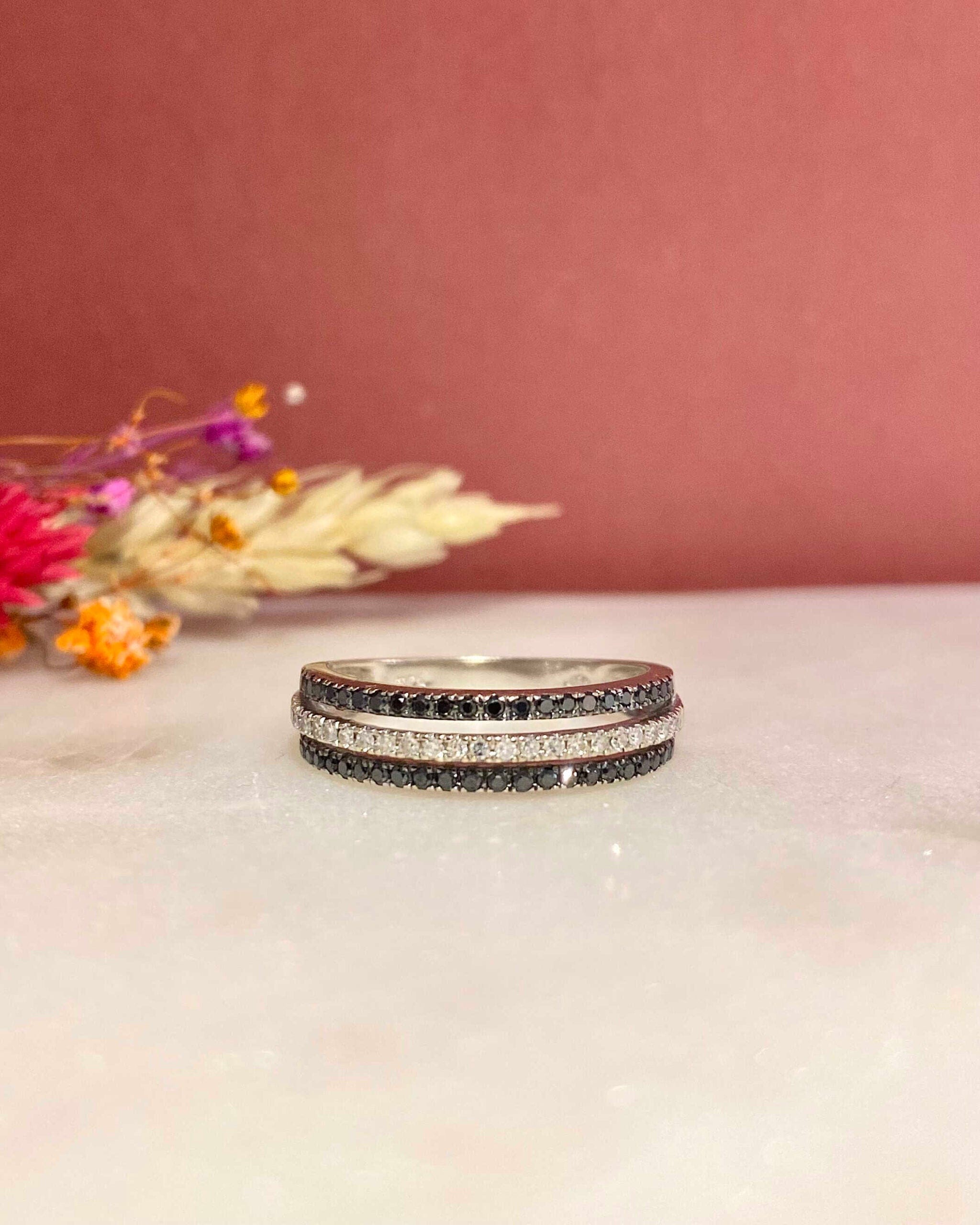 “Stephanie” white and black diamond river ring