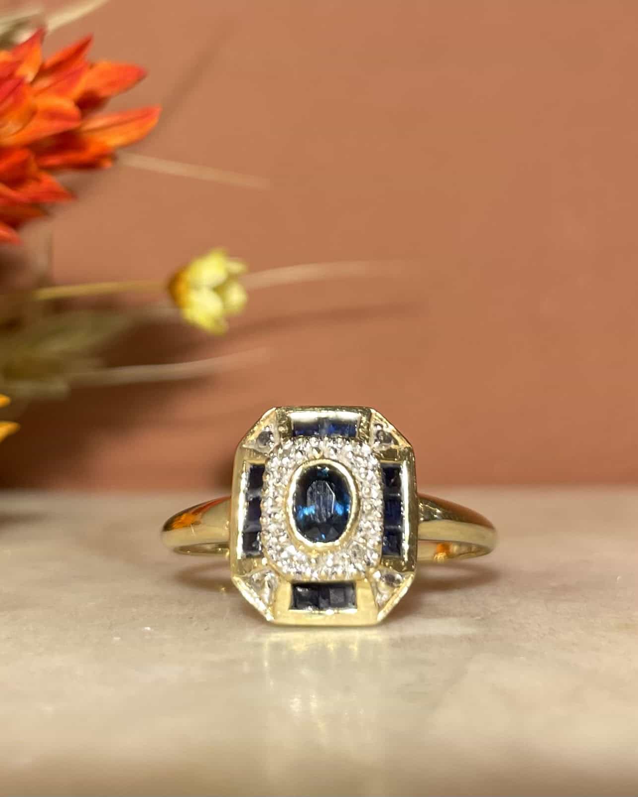 Art Deco Style Ring 11 Sapphires & Diamonds "Della"