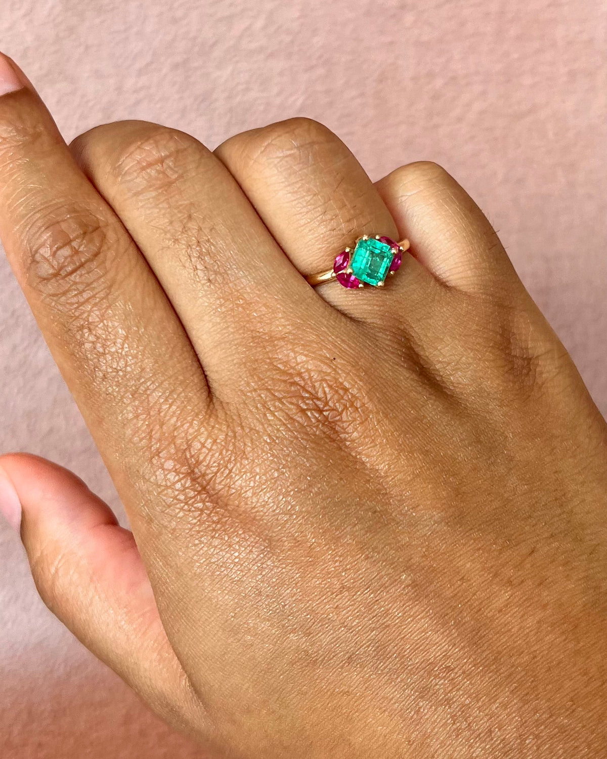 Colombian Emerald 1.34 carat & Ruby 0.60 carat Trilogy Ring "Amalia"