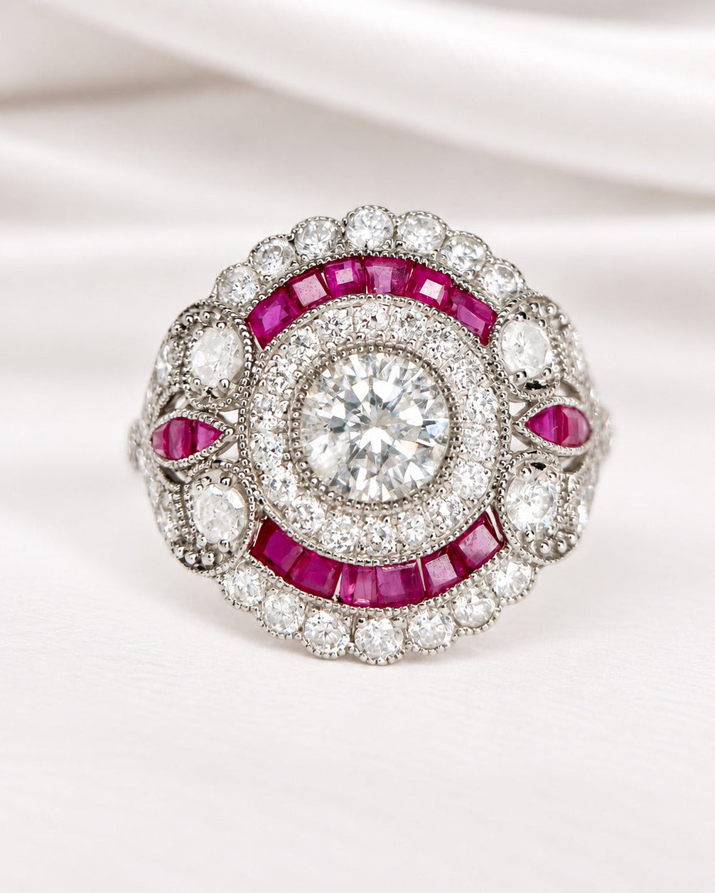 Bague Style Art-Déco Diamants 1.27 carat & Rubis "Valériane"