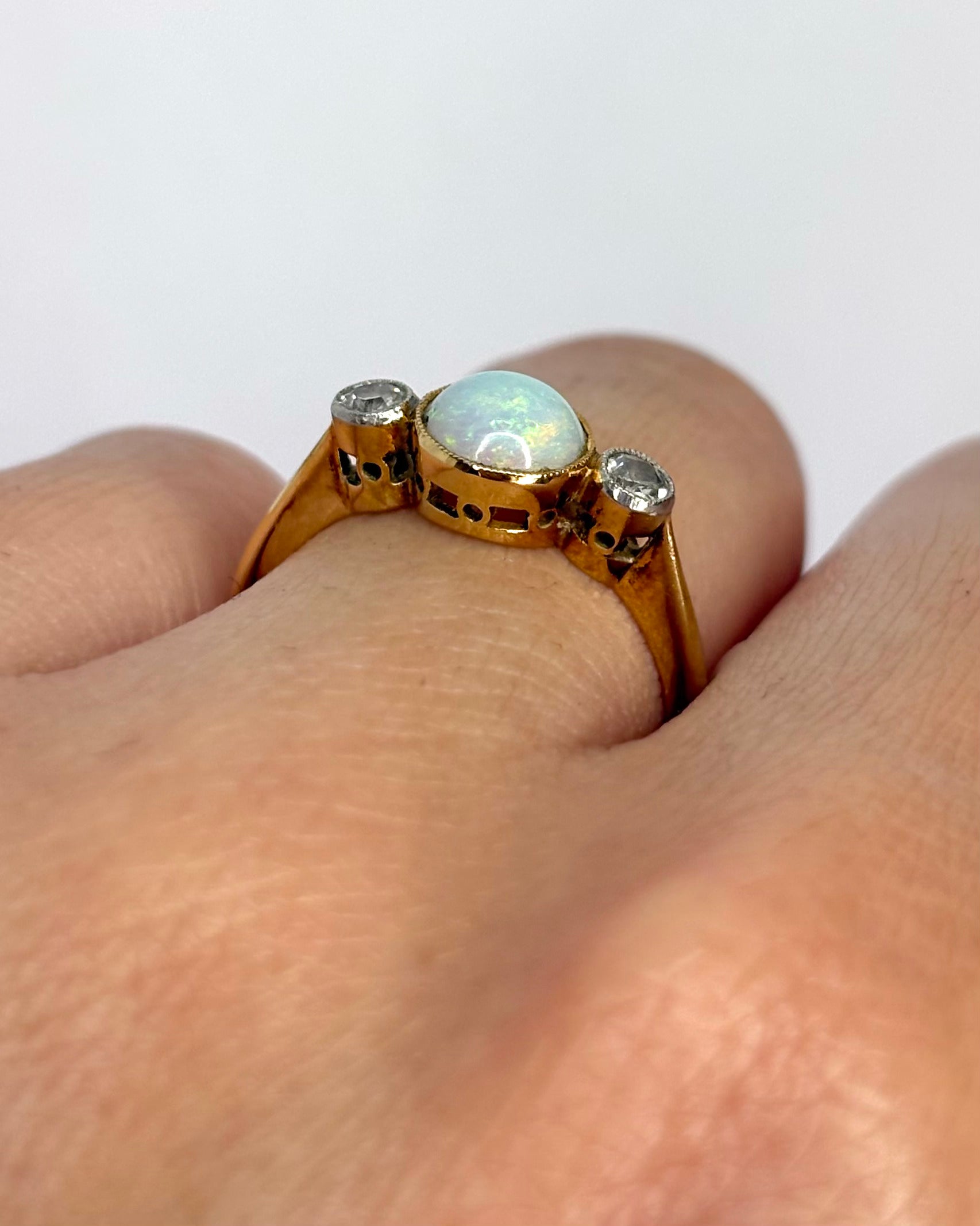 Art Deco Trilogy Ring Opal & Diamonds "Esther"