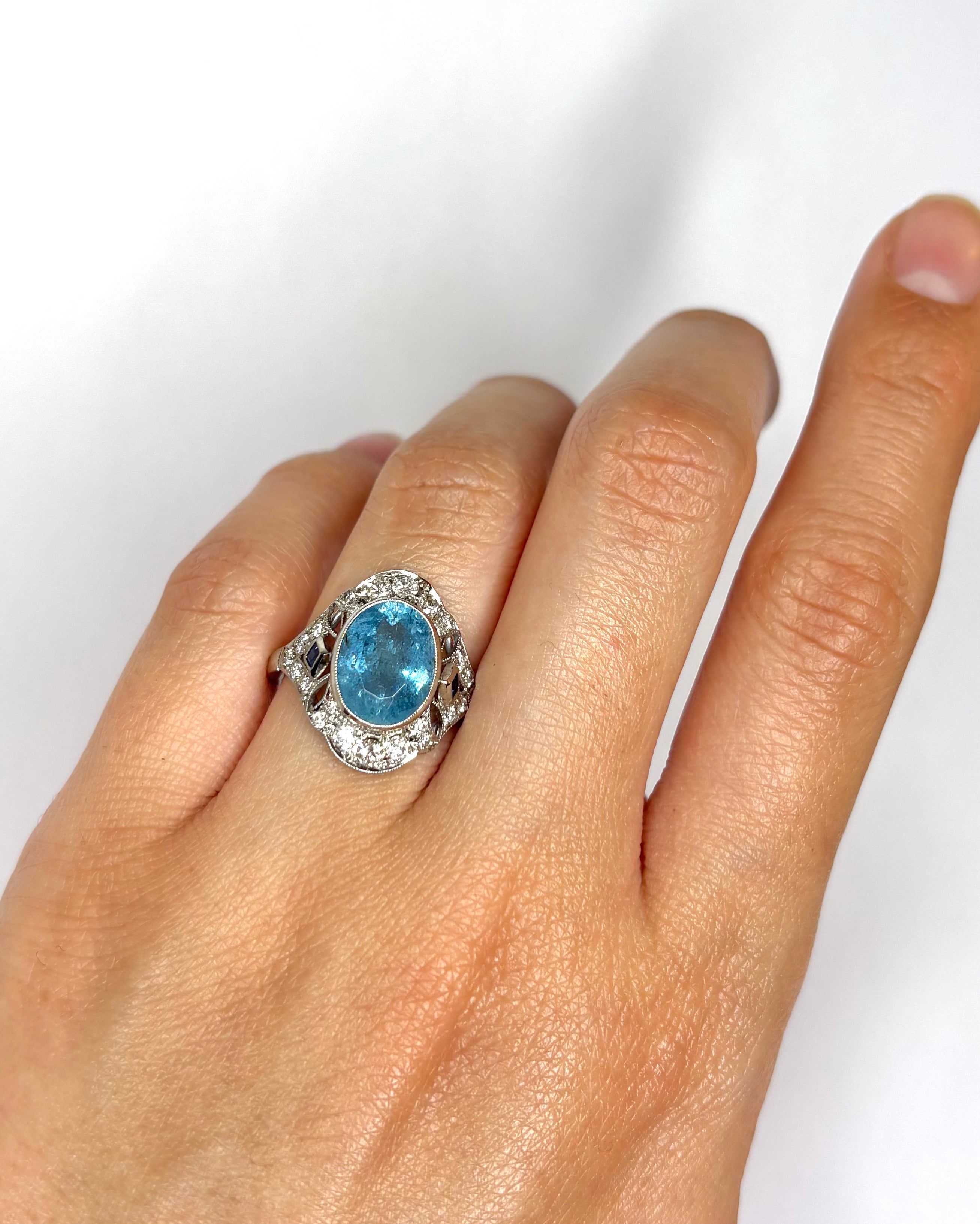 Bague Art Déco Aigue-Marine 3.45 carats, Saphirs & Diamants 0.65 carat "Claire"