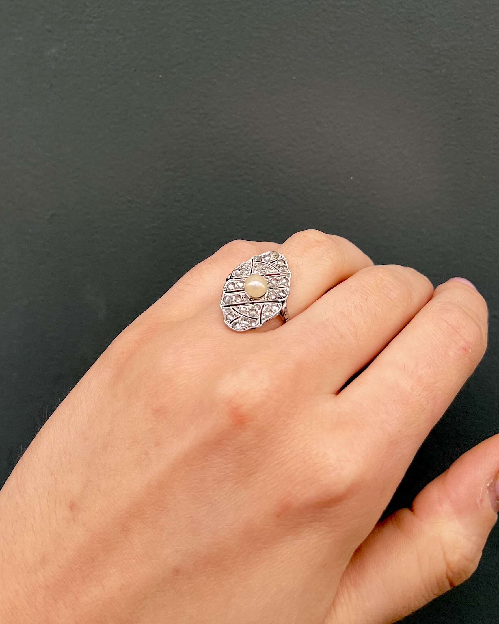 Art Deco Pearl & 34 Diamond Ring "Sohana"