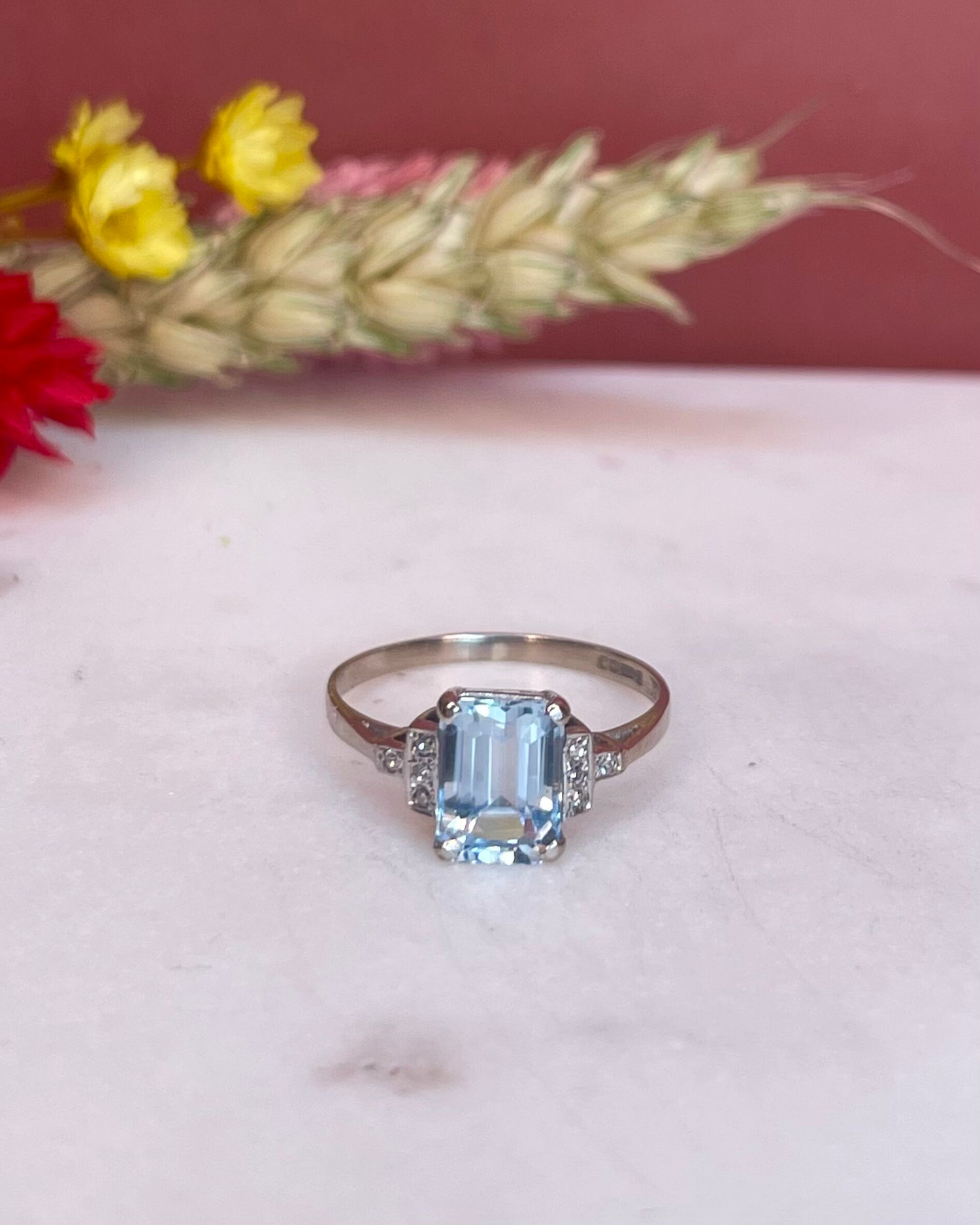 Bague Trilogie Style Art-déco Aigue-marine 1.60 Carat & Diamants "Audile" - Elliade Paris