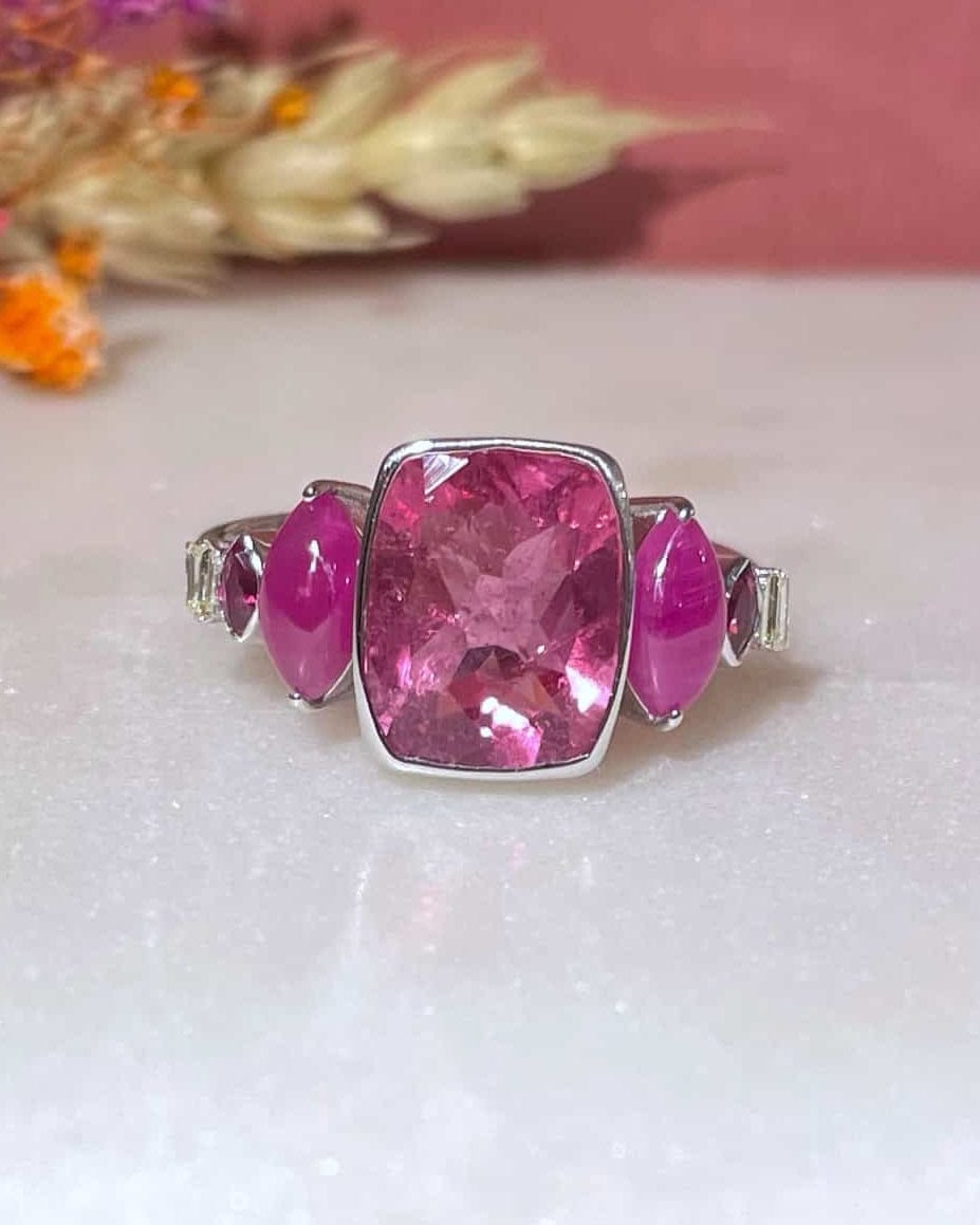 Bague Trilogie Tourmalines Roses 3.30 Carats et Diamants "Siréna"