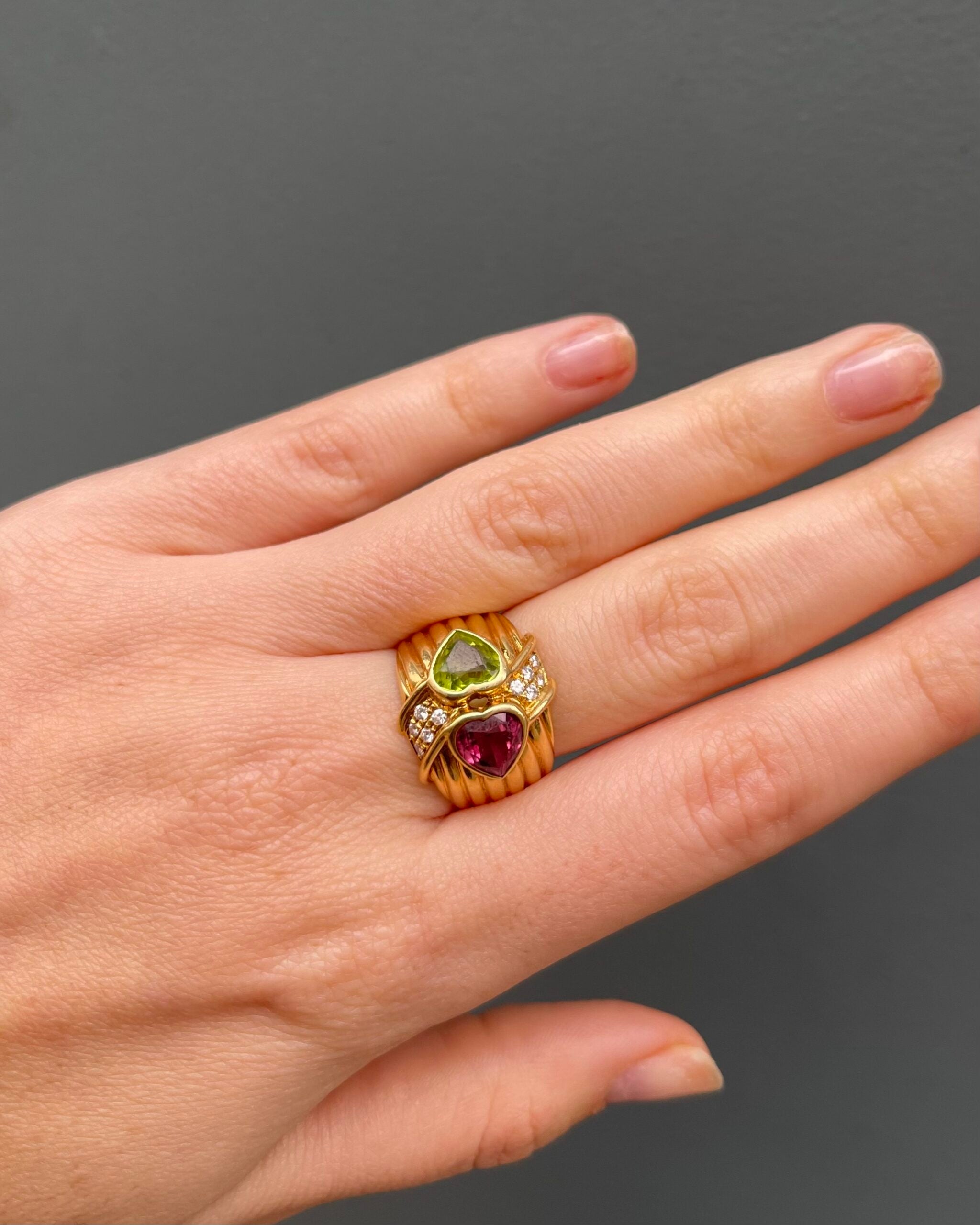 Bague Bandeau Toi & Moi Péridot, Tourmaline Rose & Diamants "Alba"