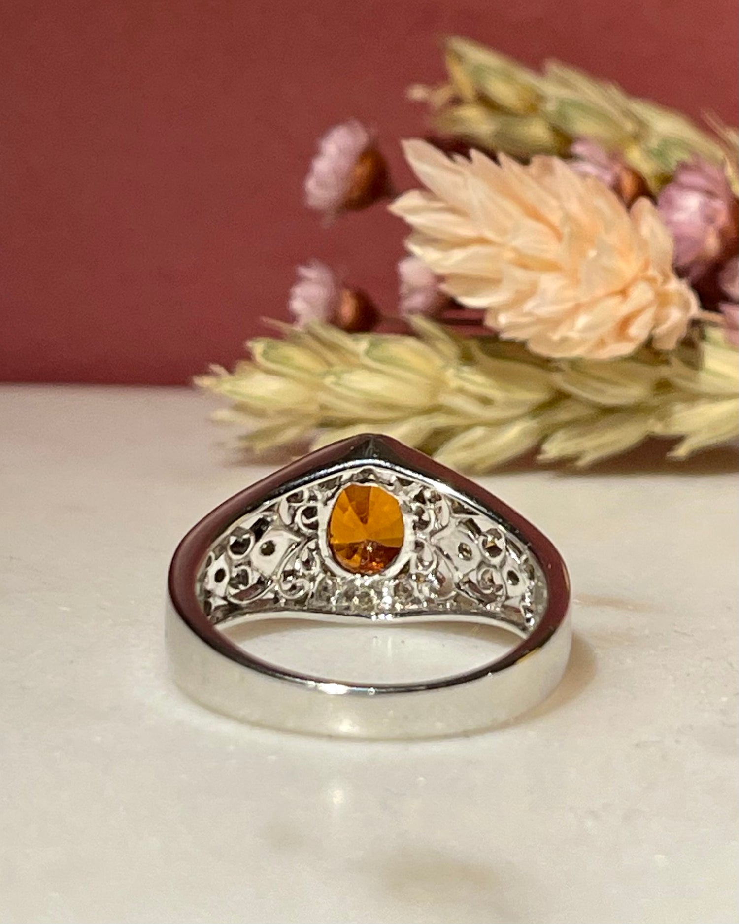 Bague Jonc vintage Grenat Spessartite 1.60 carat & diamants "Denise"