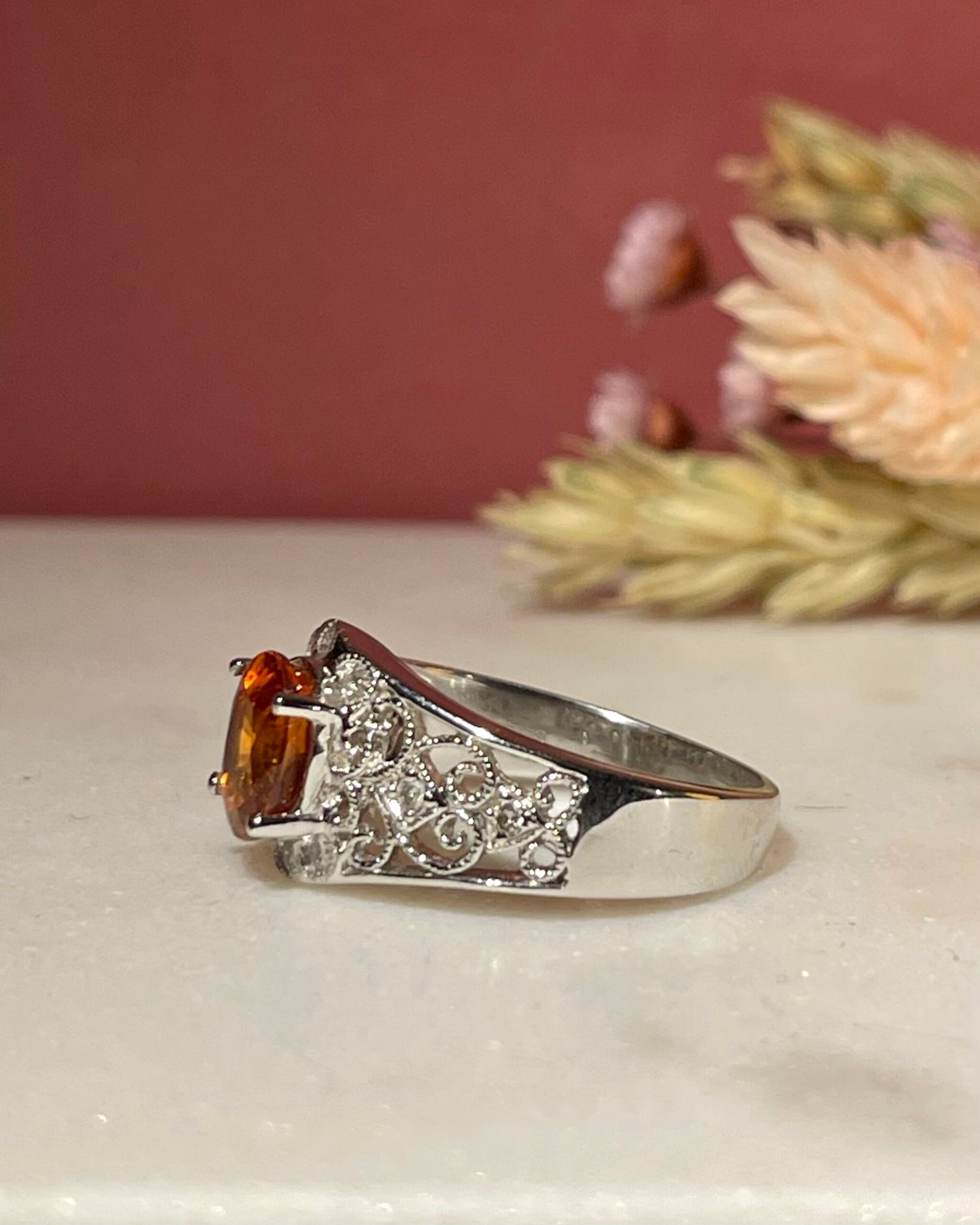 Bague Jonc vintage Grenat Spessartite 1.60 carat & diamants "Denise"