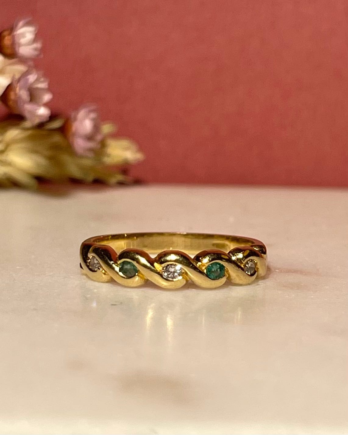 "Monica" Emerald & Diamond Half Wedding Band