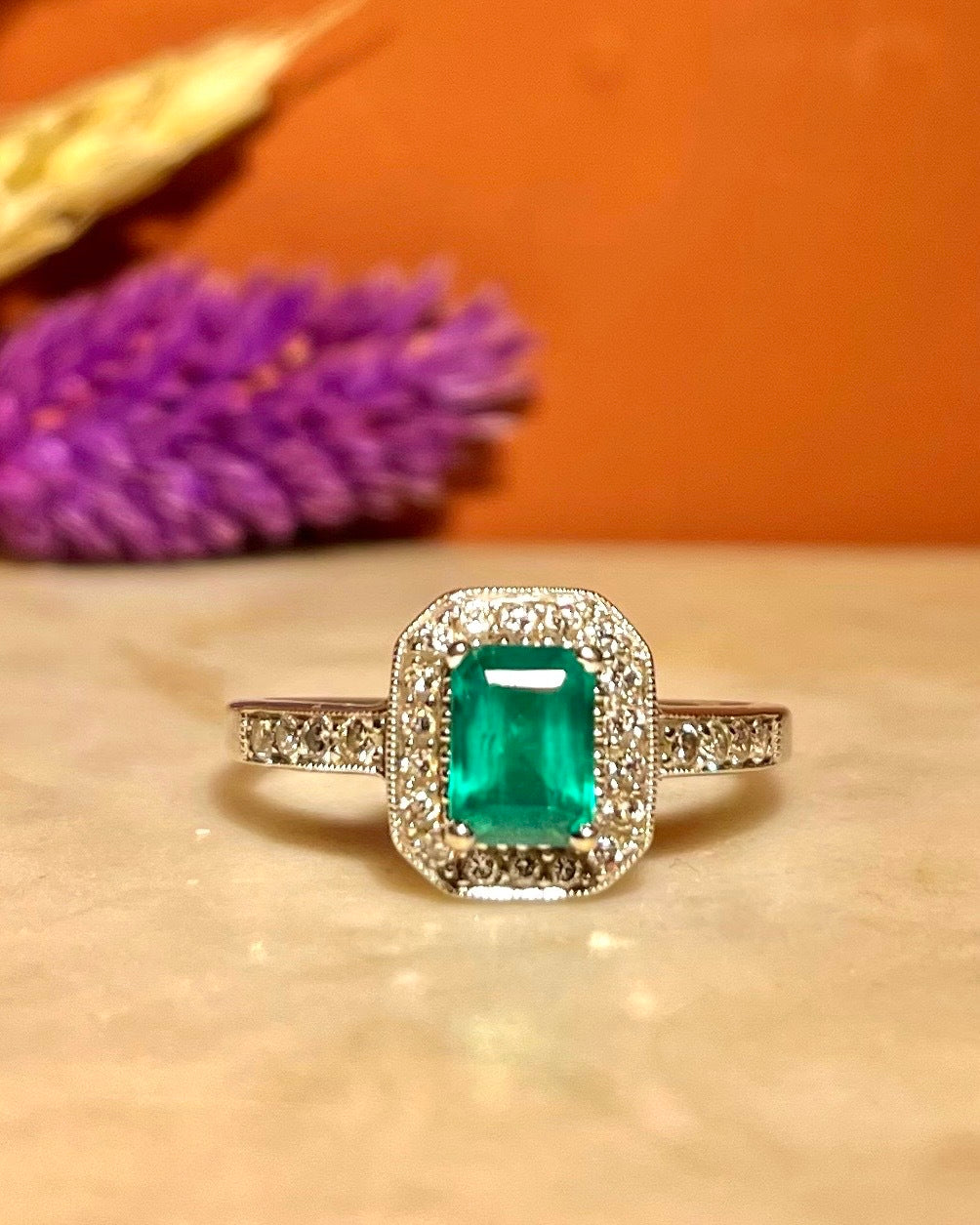 Art Deco Style Emerald & Diamond "Kelly" Ring