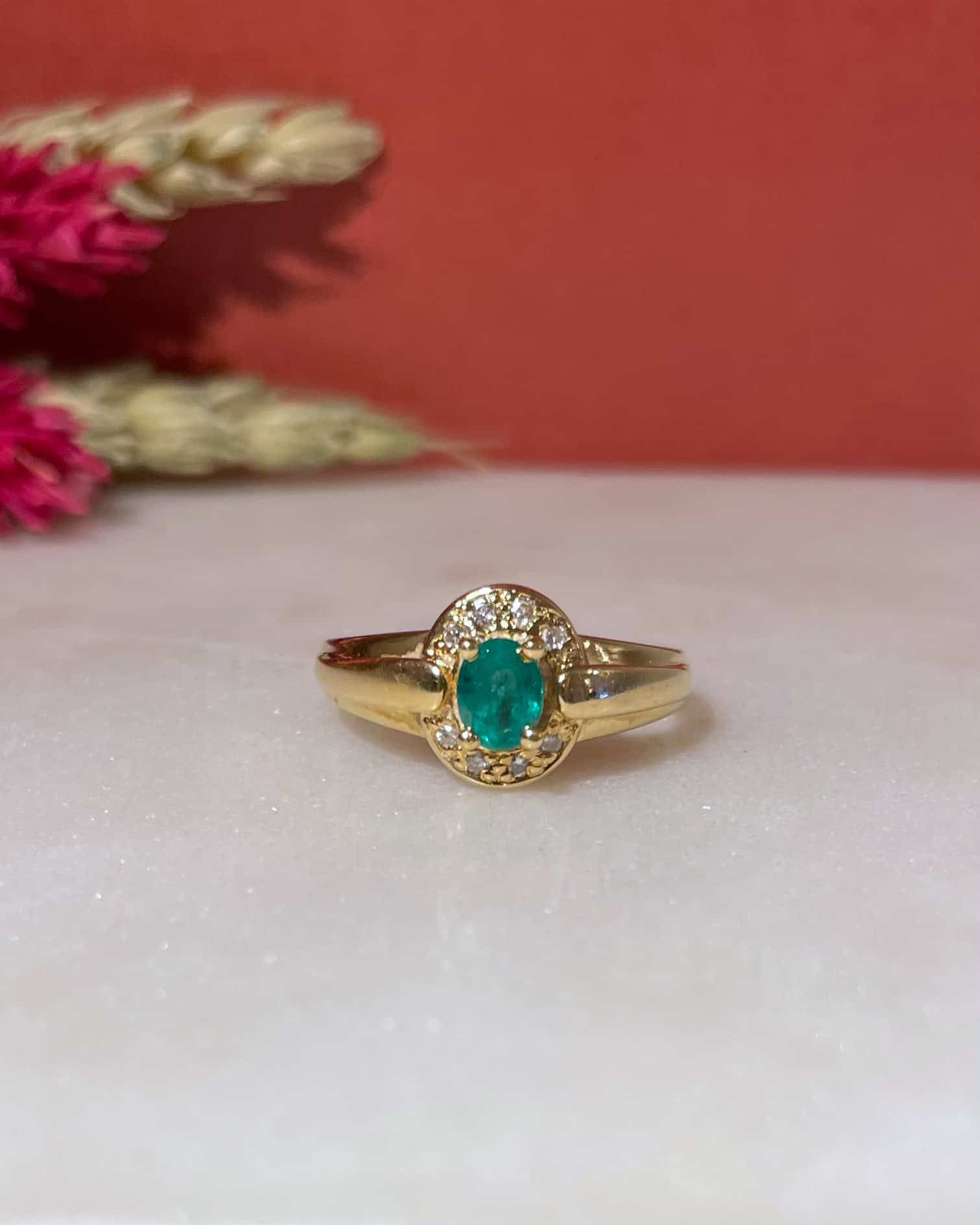 Bague Style Art-Déco Jonc Émeraude et Diamants "Aloïse" - Elliade Paris