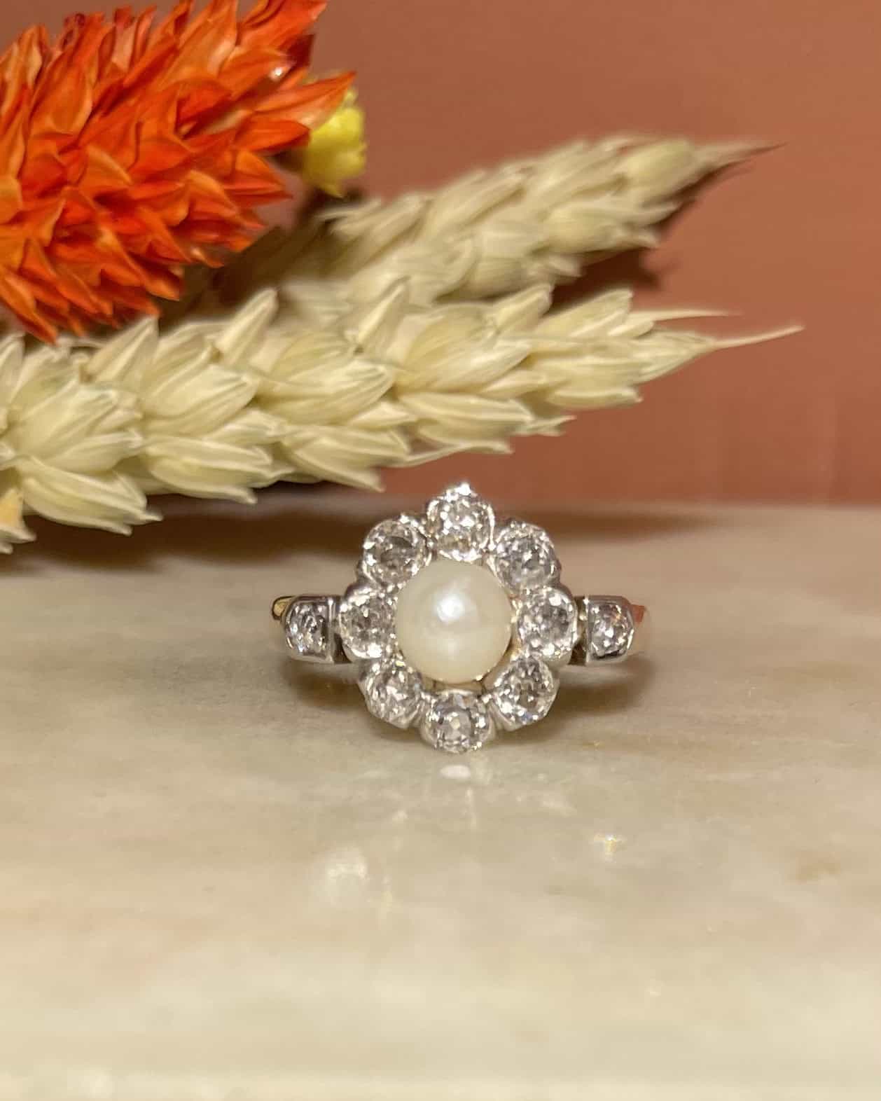 Bague Art-déco marguerite diamants & perle "Julia"