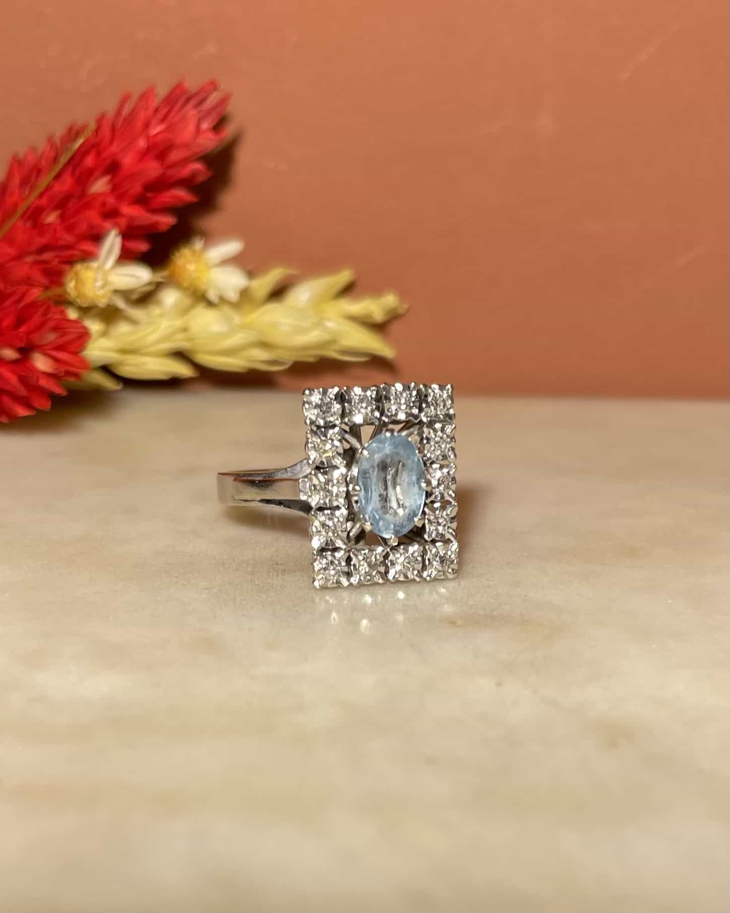 Bague Art - déco Aigue - Marine & Diamants "Jordyn" - Elliade Paris