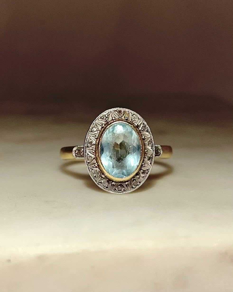 Bague Art - Déco Aigue - Marine & Diamants "Tommy" - Elliade Paris