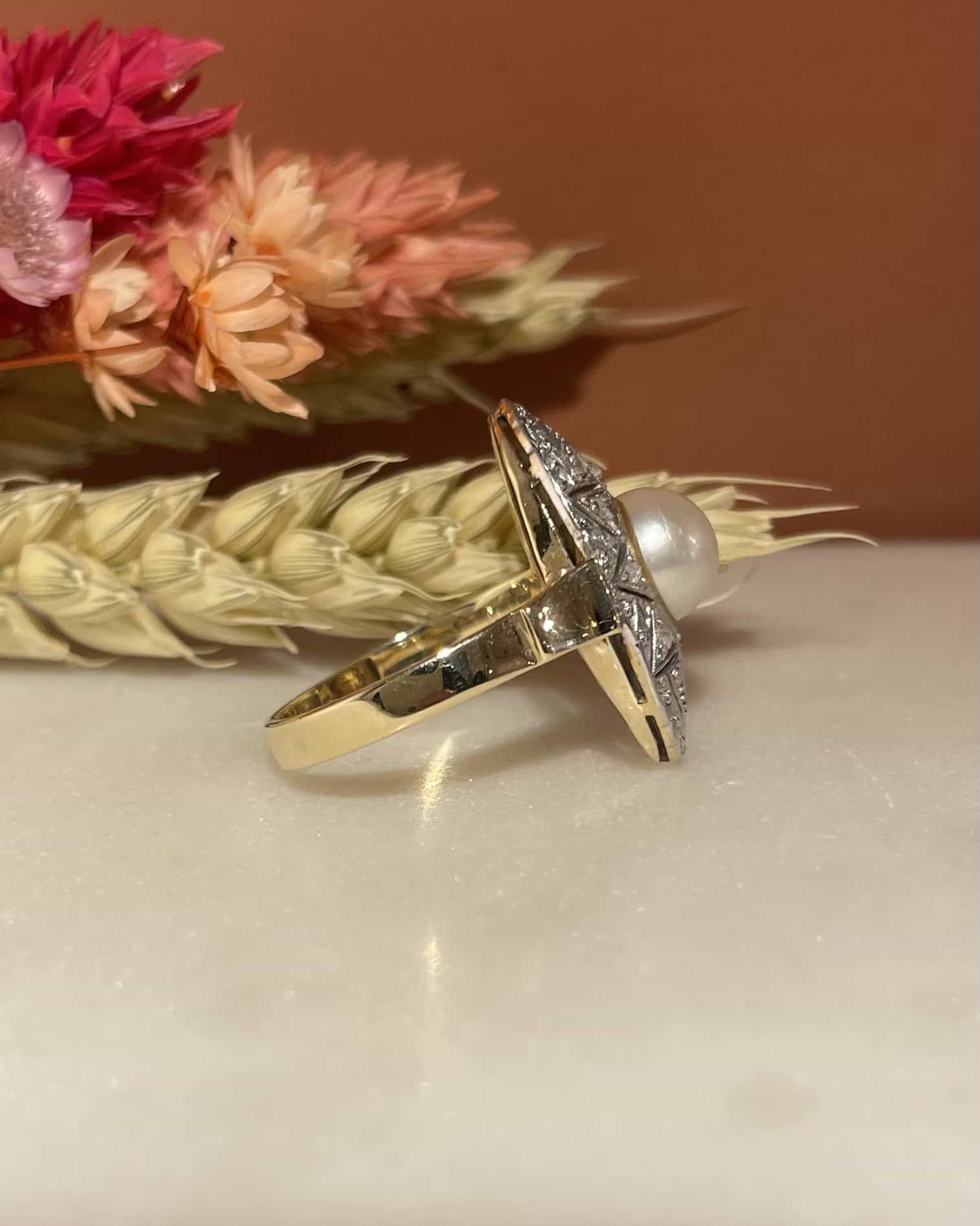Anillo "Elsy" de 14 diamantes y perlas Art-Deco