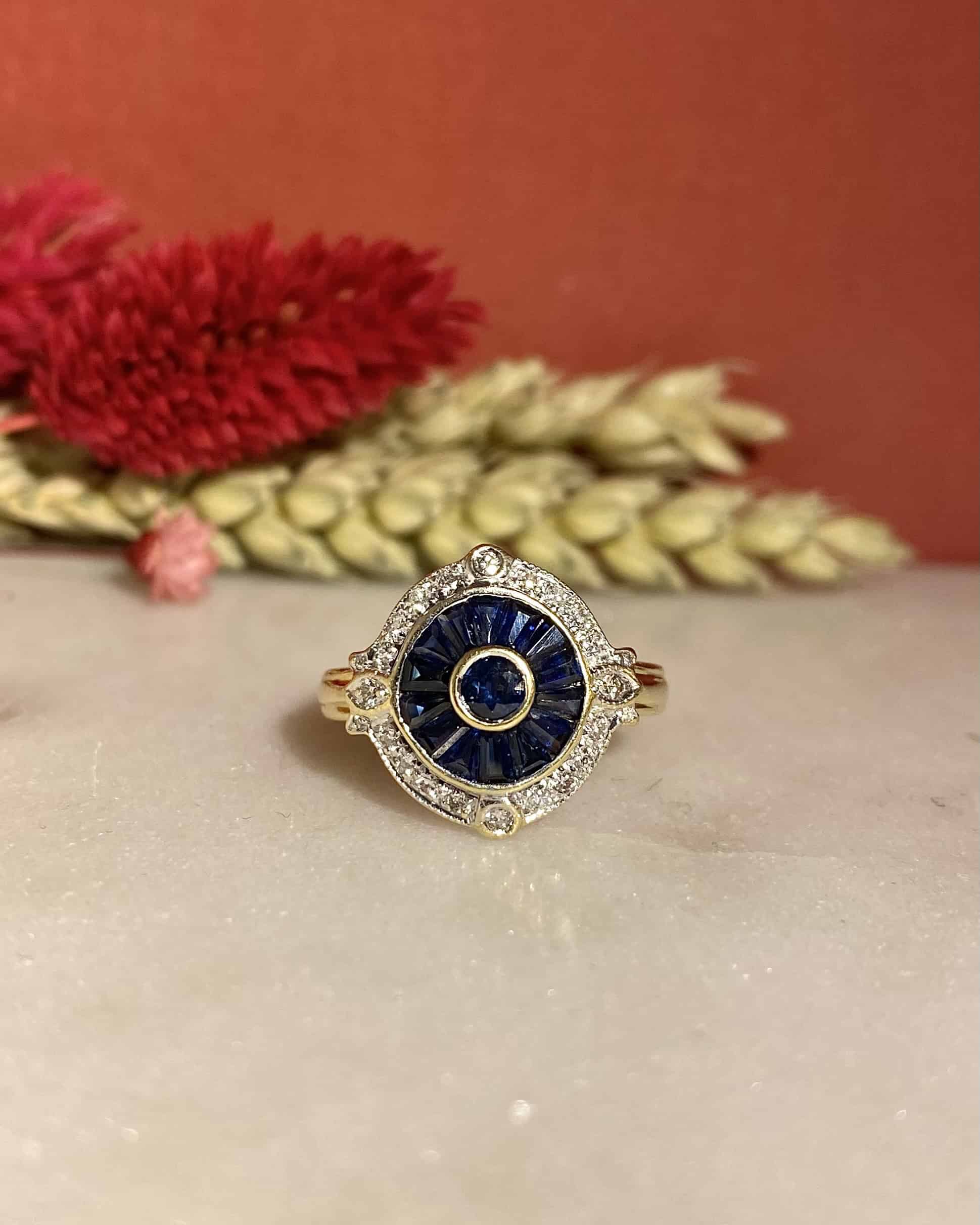 Art Deco Style Ring 15 Sapphires & 24 Diamonds "Cornelia"