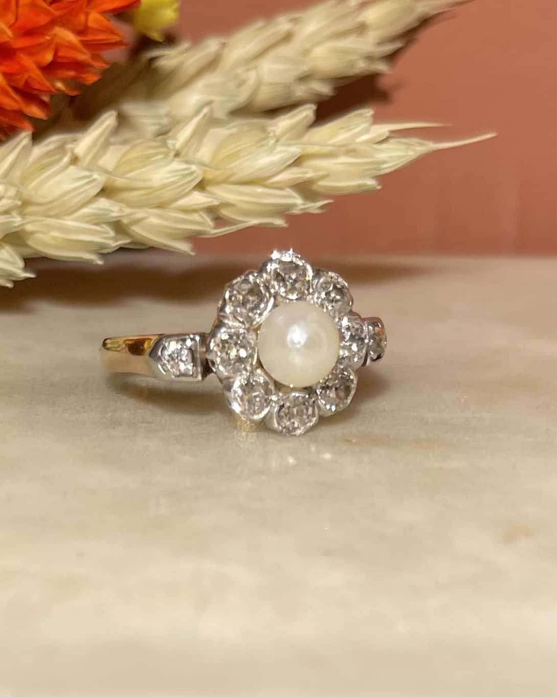 Bague Art - déco marguerite diamants & perle "Julia" - Elliade Paris