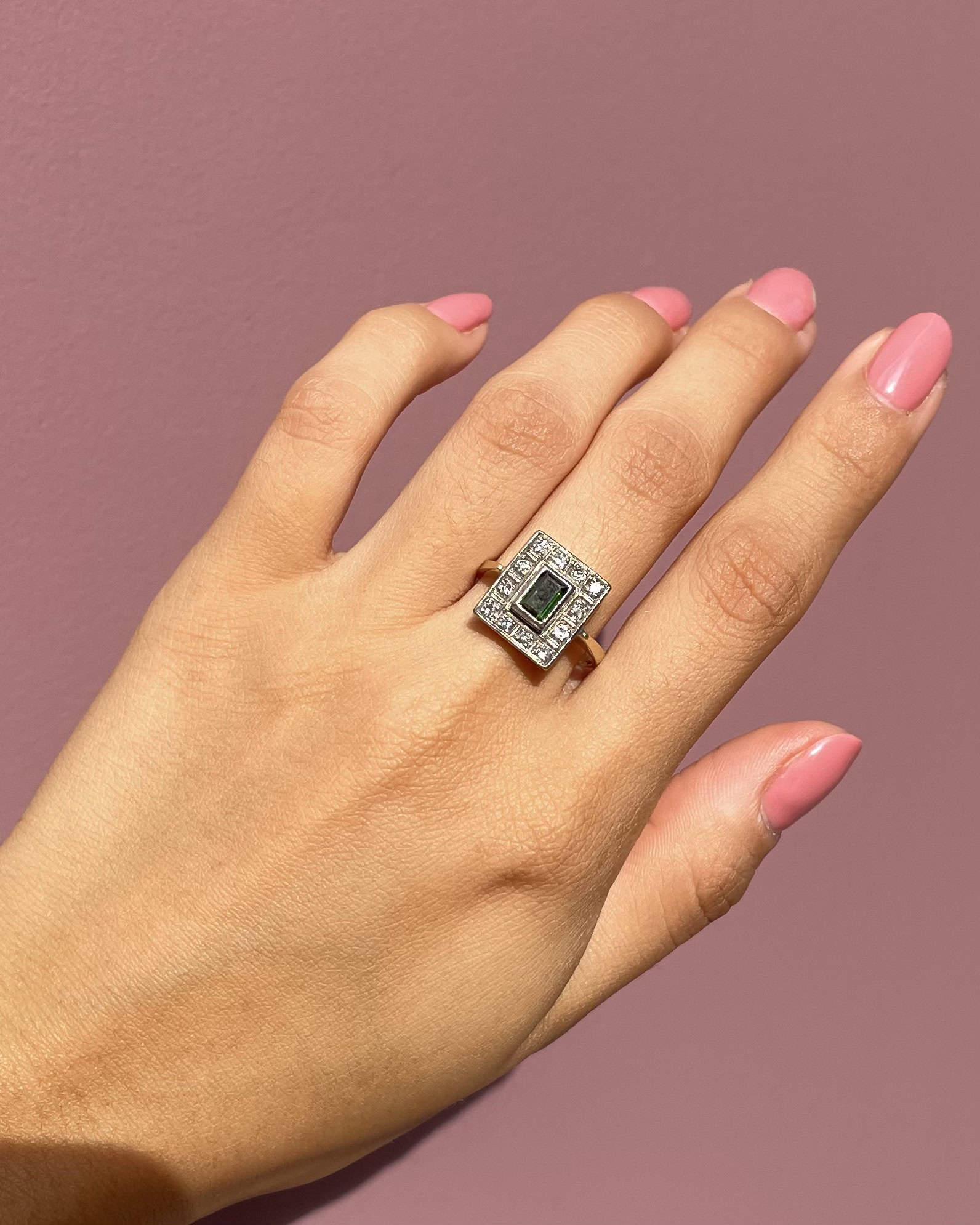 Bague style Art-Déco Tourmaline & 12 Diamants "Savannah"