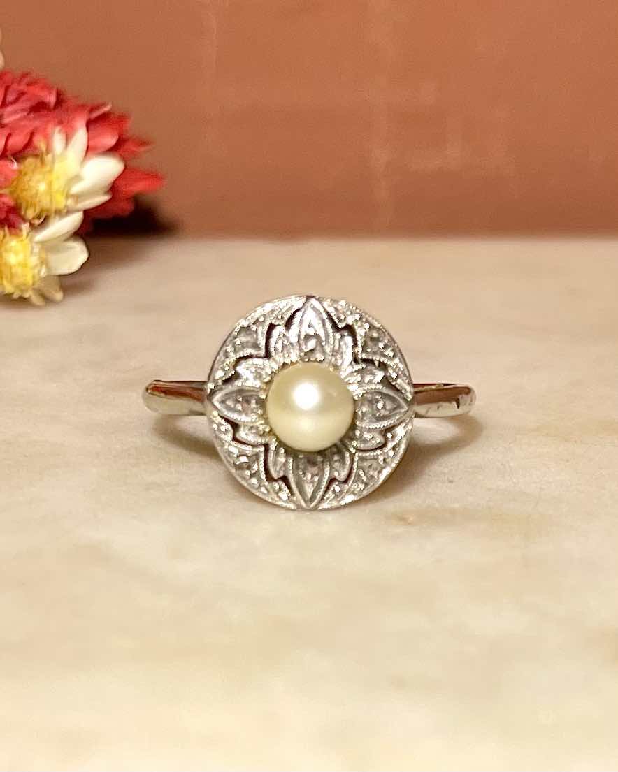 Bague Art-Déco Perle & 8 Diamant "Lyss" - Elliade Paris