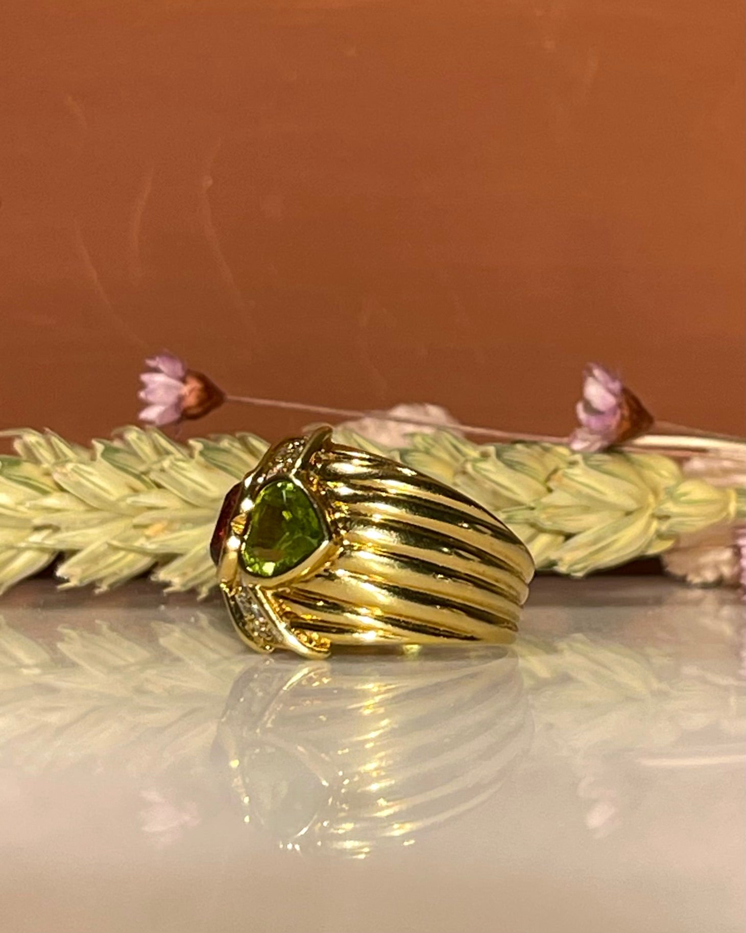 Bague Bandeau Toi & Moi Péridot, Tourmaline Rose & Diamants "Alba" - Elliade Paris