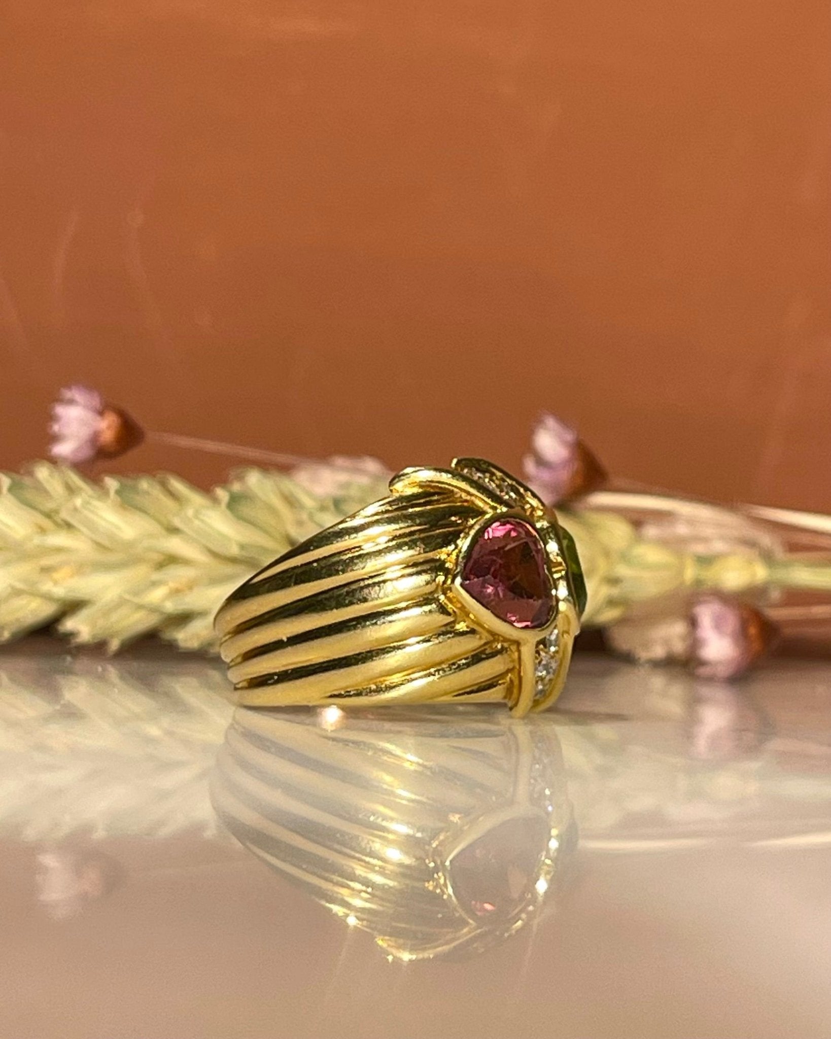 Bague Bandeau Toi & Moi Péridot, Tourmaline Rose & Diamants "Alba" - Elliade Paris