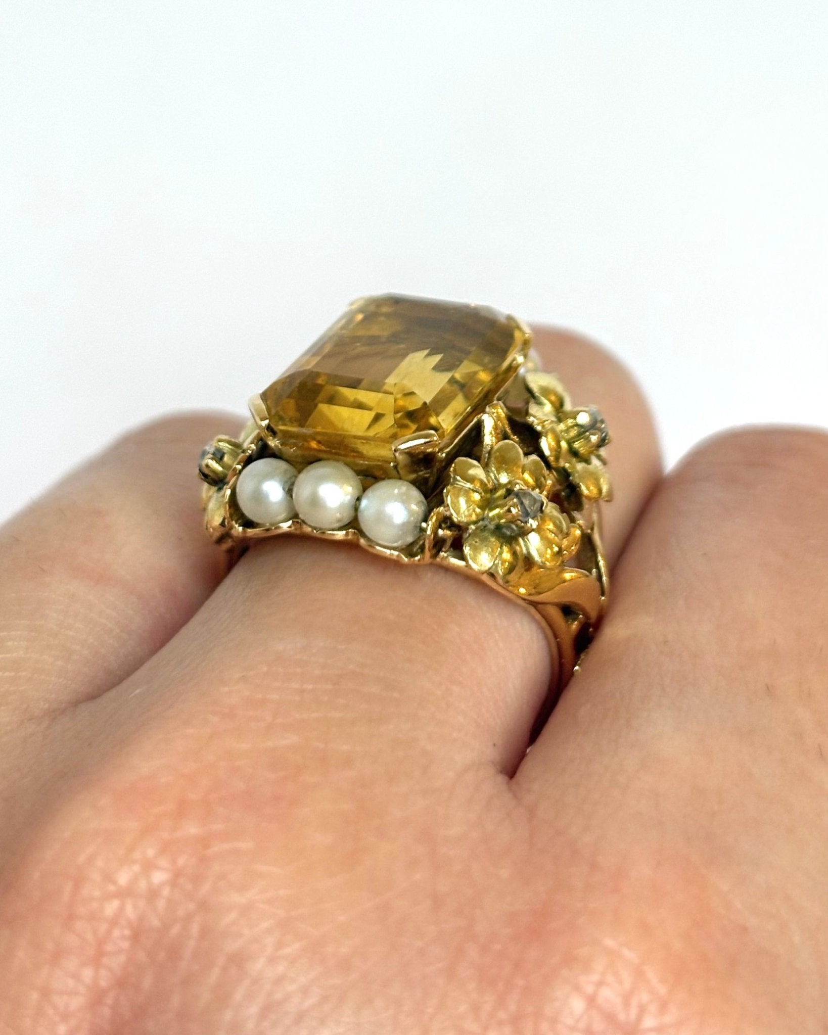 Bague Cocktail Citrine, Diamants, Perles & Or 9,28g "Donna" - Elliade Paris