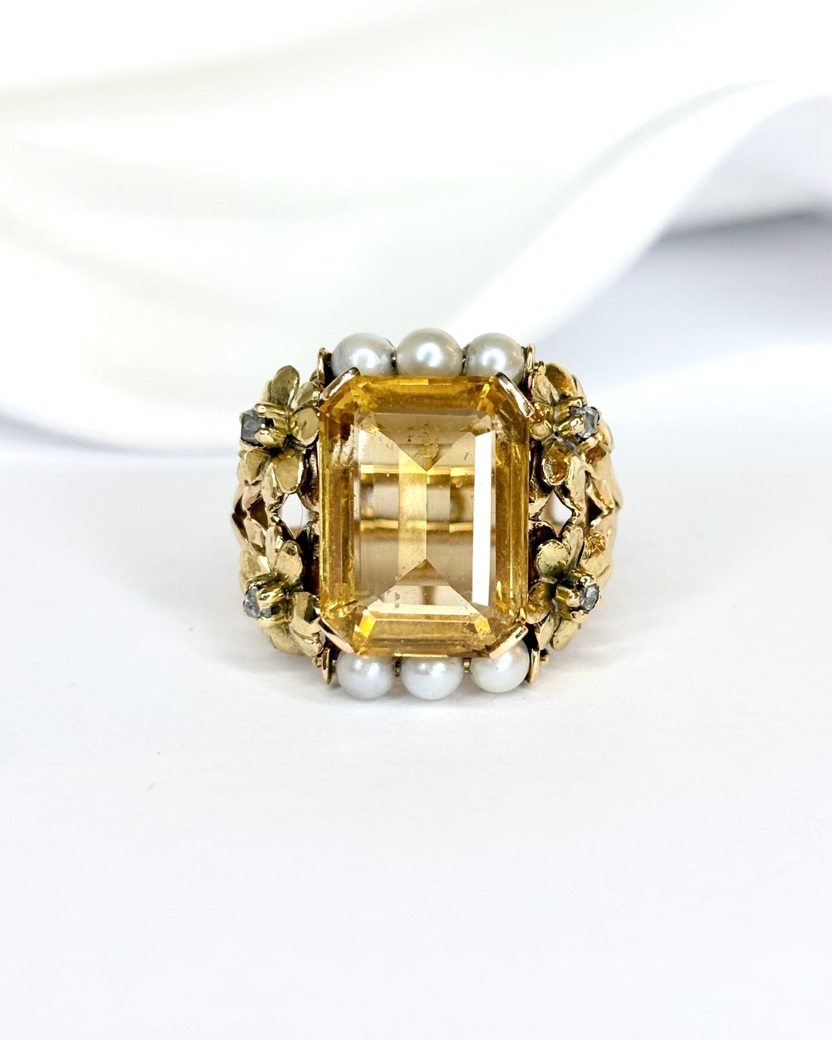 Bague Cocktail Citrine, Diamants, Perles & Or 9,28g "Donna" - Elliade Paris
