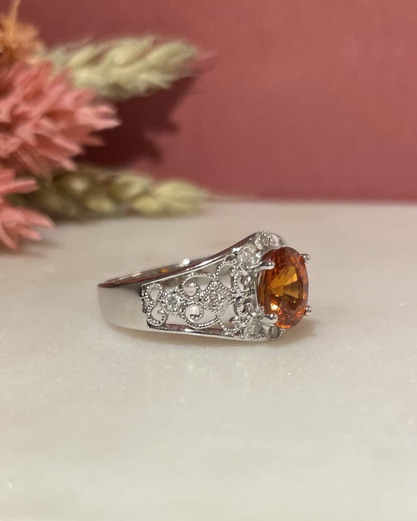 Bague Jonc vintage Grenat Spessartite 1.60 carat & diamants "Denise"