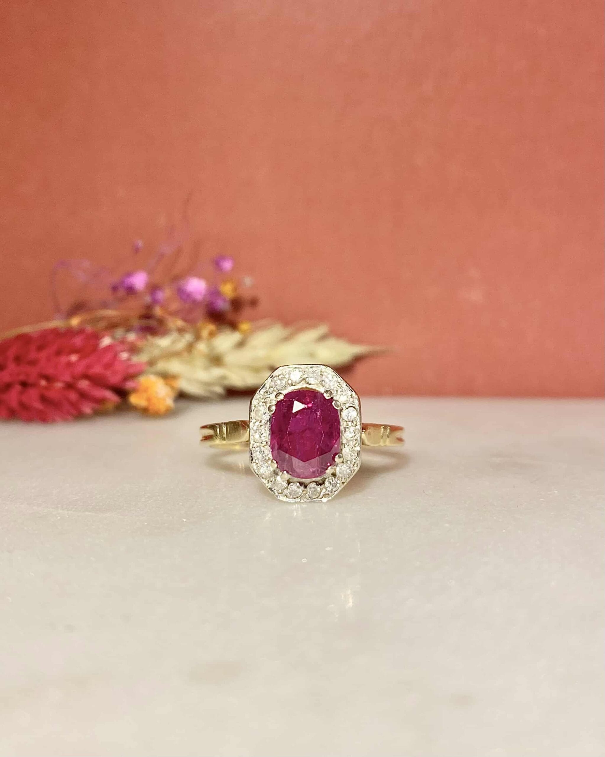 Art Deco Style Ruby & Diamond Daisy Ring “Mirelle”