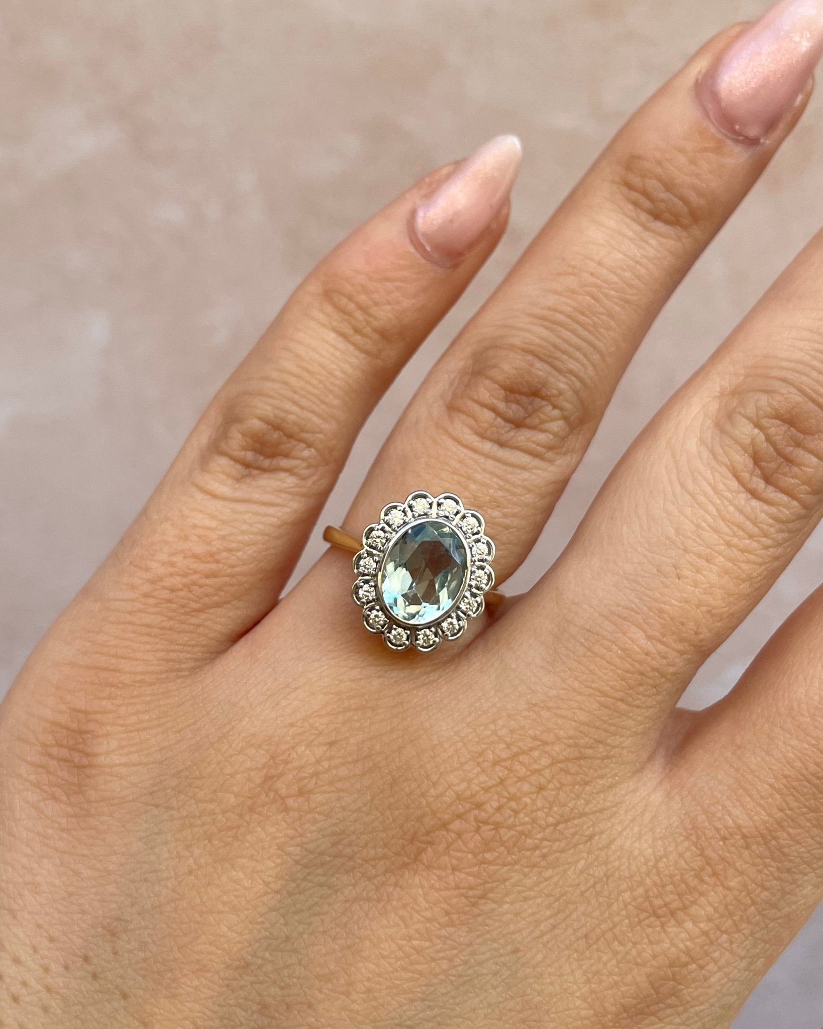 Bague Marguerite Style Art - Déco Aigue - Marine 1.65 carat & 14 Diamants "Camélia" - Elliade Paris