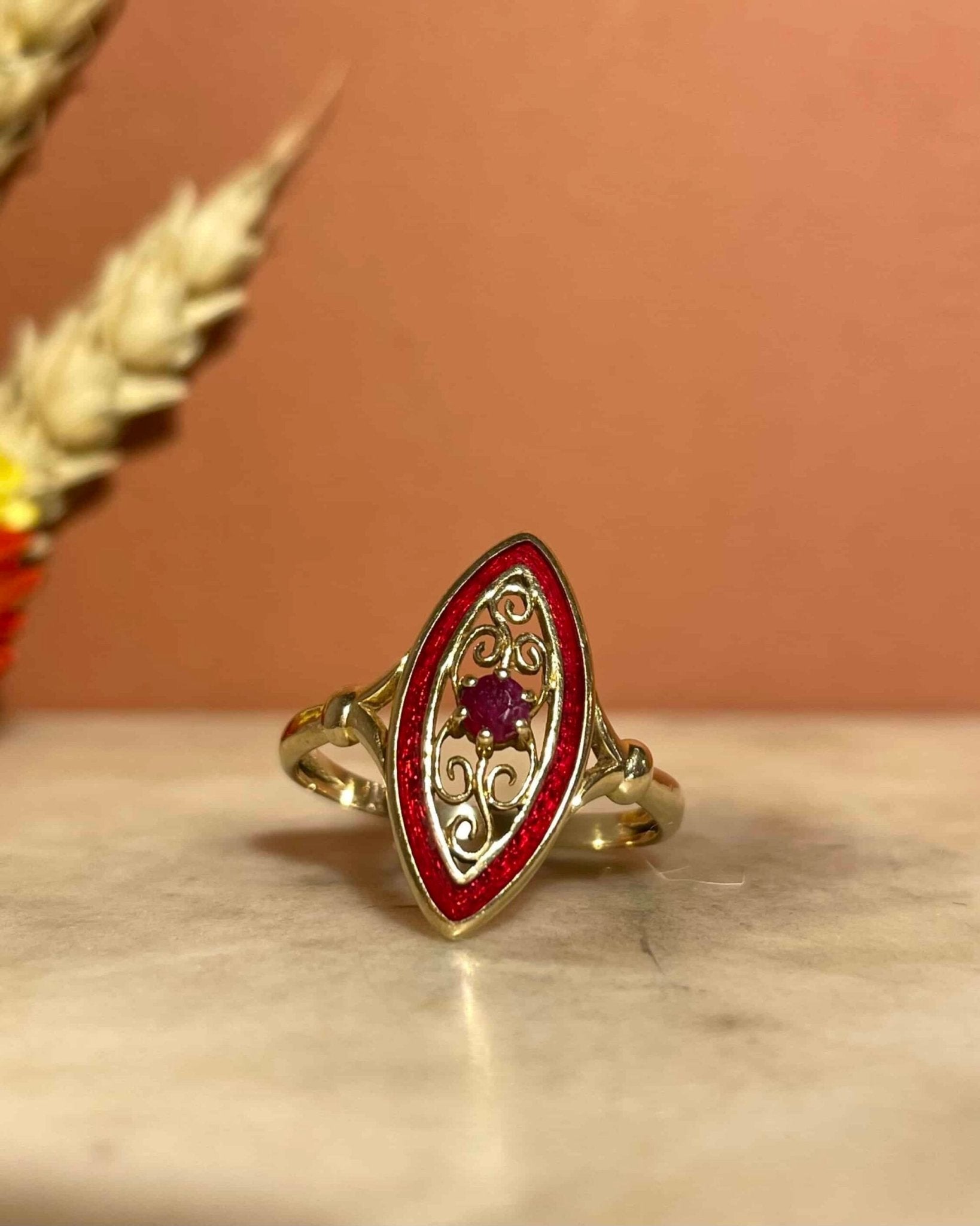 Bague Marquise Art - Déco Rubis & Email Rouge "Jude" - Elliade Paris
