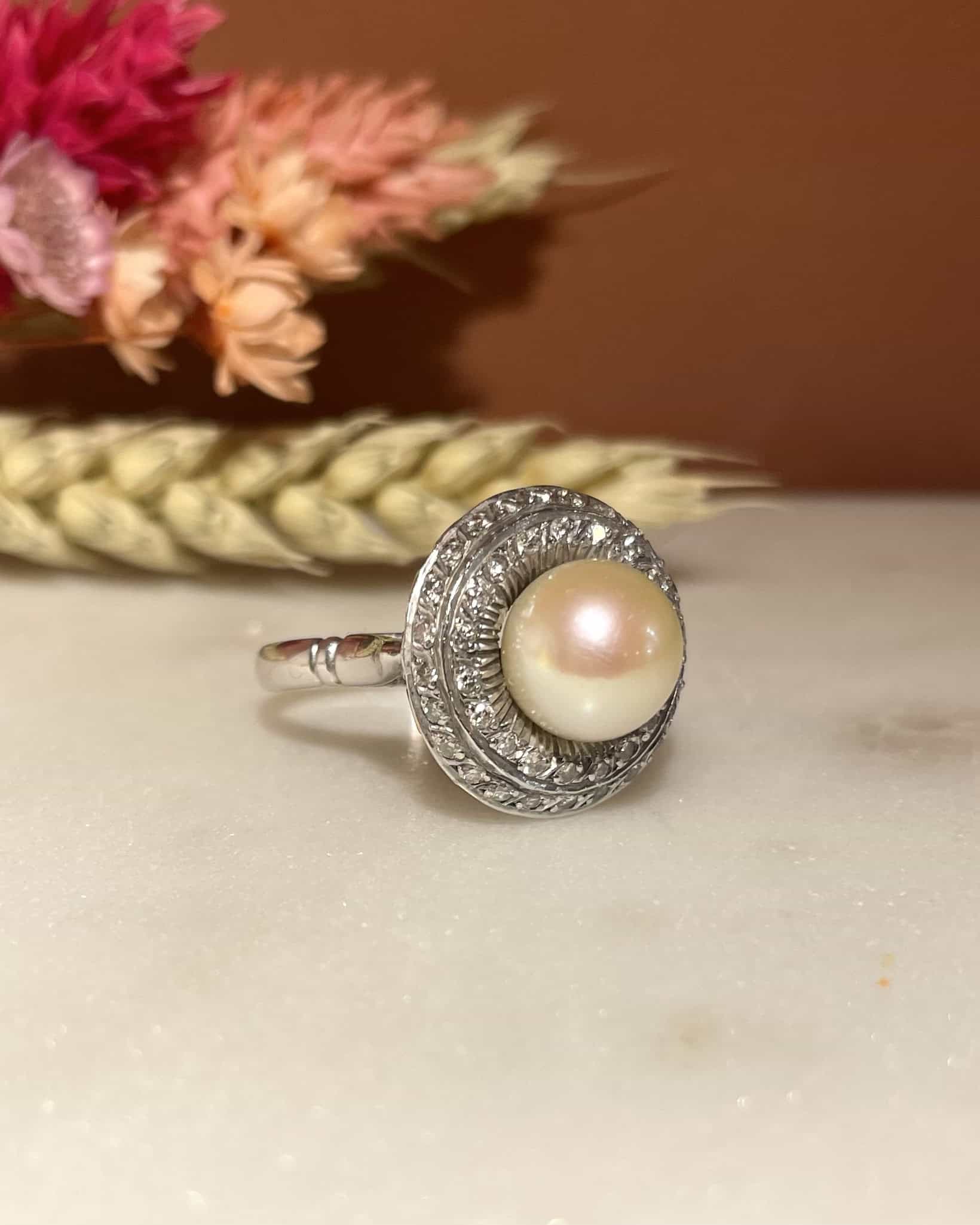 Bague Art-Déco Perle & 42 Diamants "Lucinda"