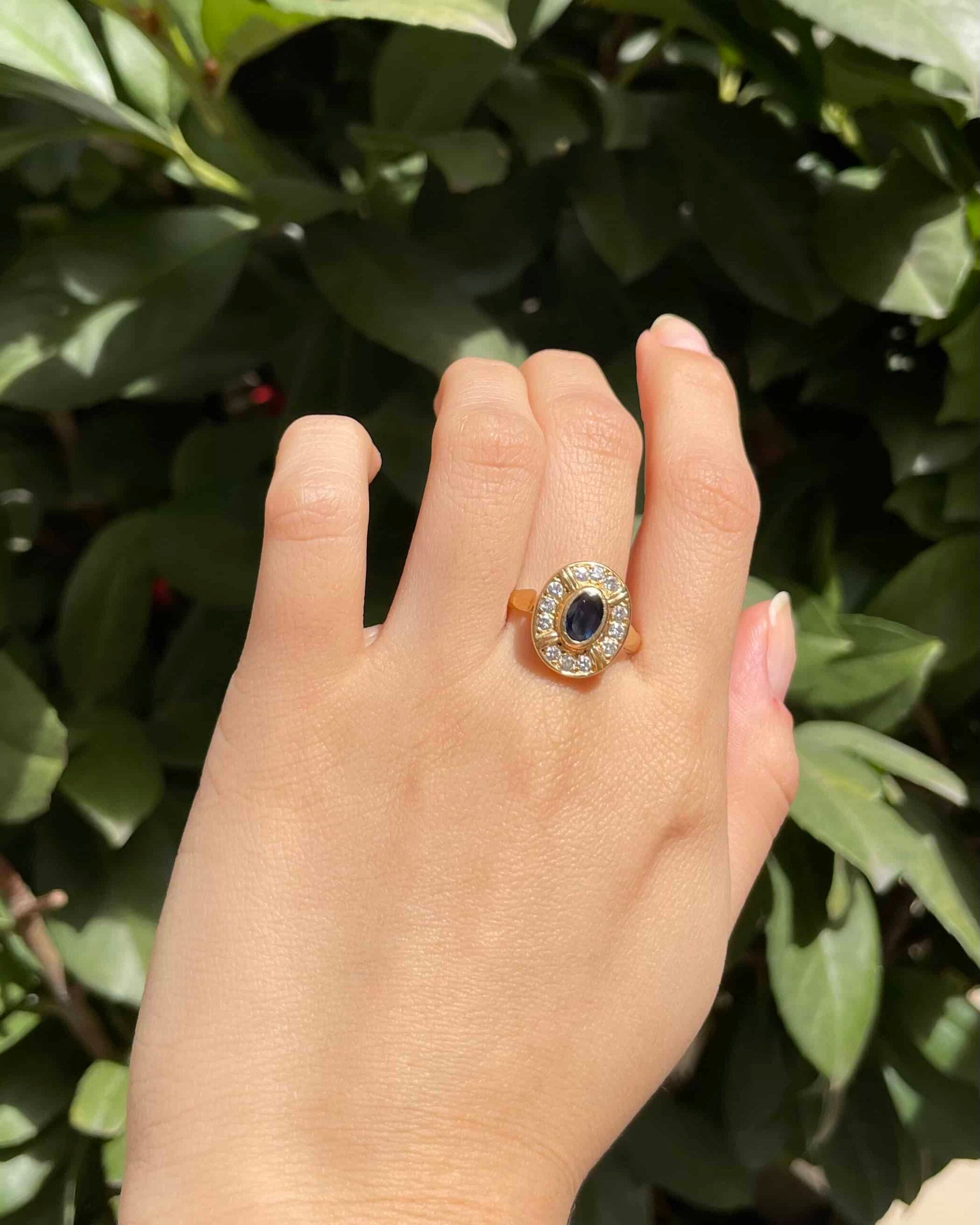Art Deco Style Sapphire & 12 Diamond "Cosette" Ring