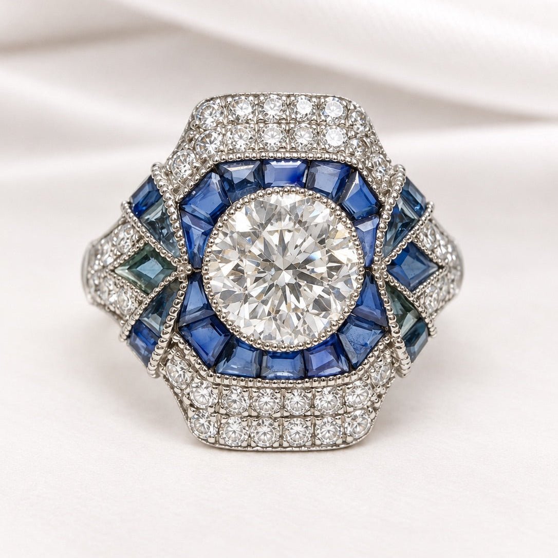 Bague Style Art-Déco Diamants 1.36 carat & Saphirs 0.80 carat "Rim" - Elliade Paris