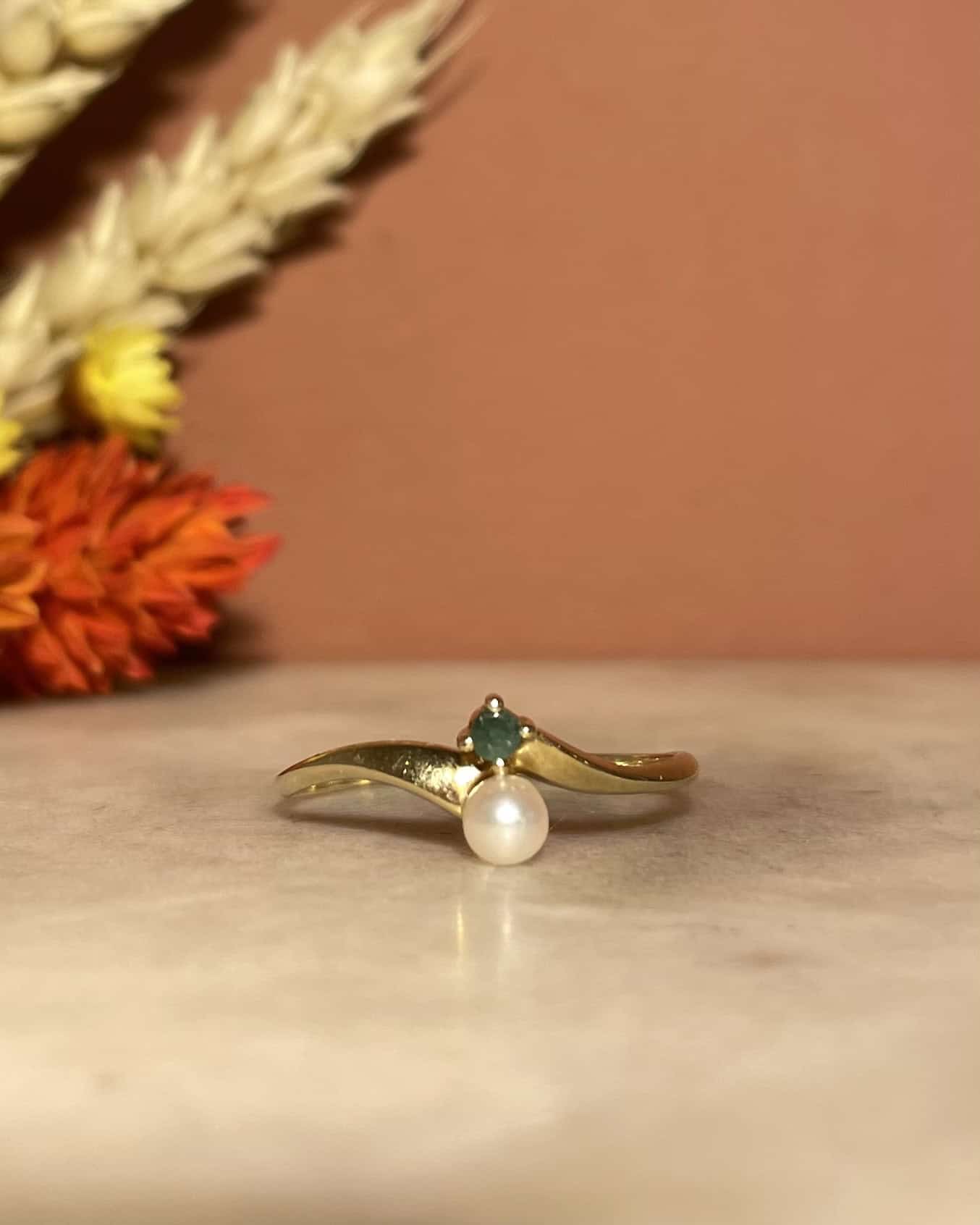 Bague Toi & Moi Perle & Émeraude "Ollia" - Elliade Paris