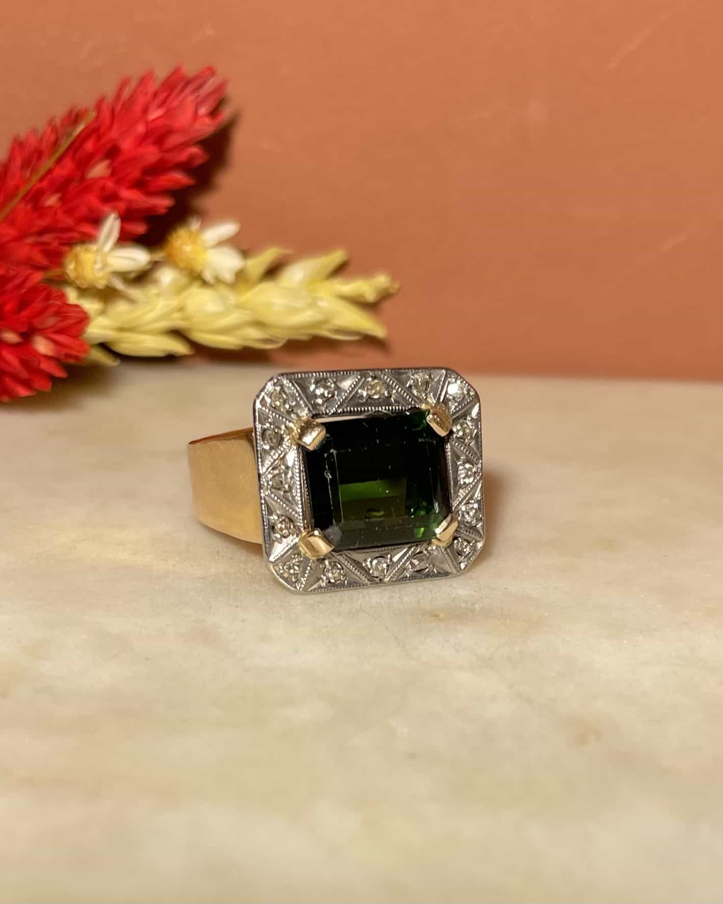 Art Deco Style Tourmaline Signet Ring "Saray"