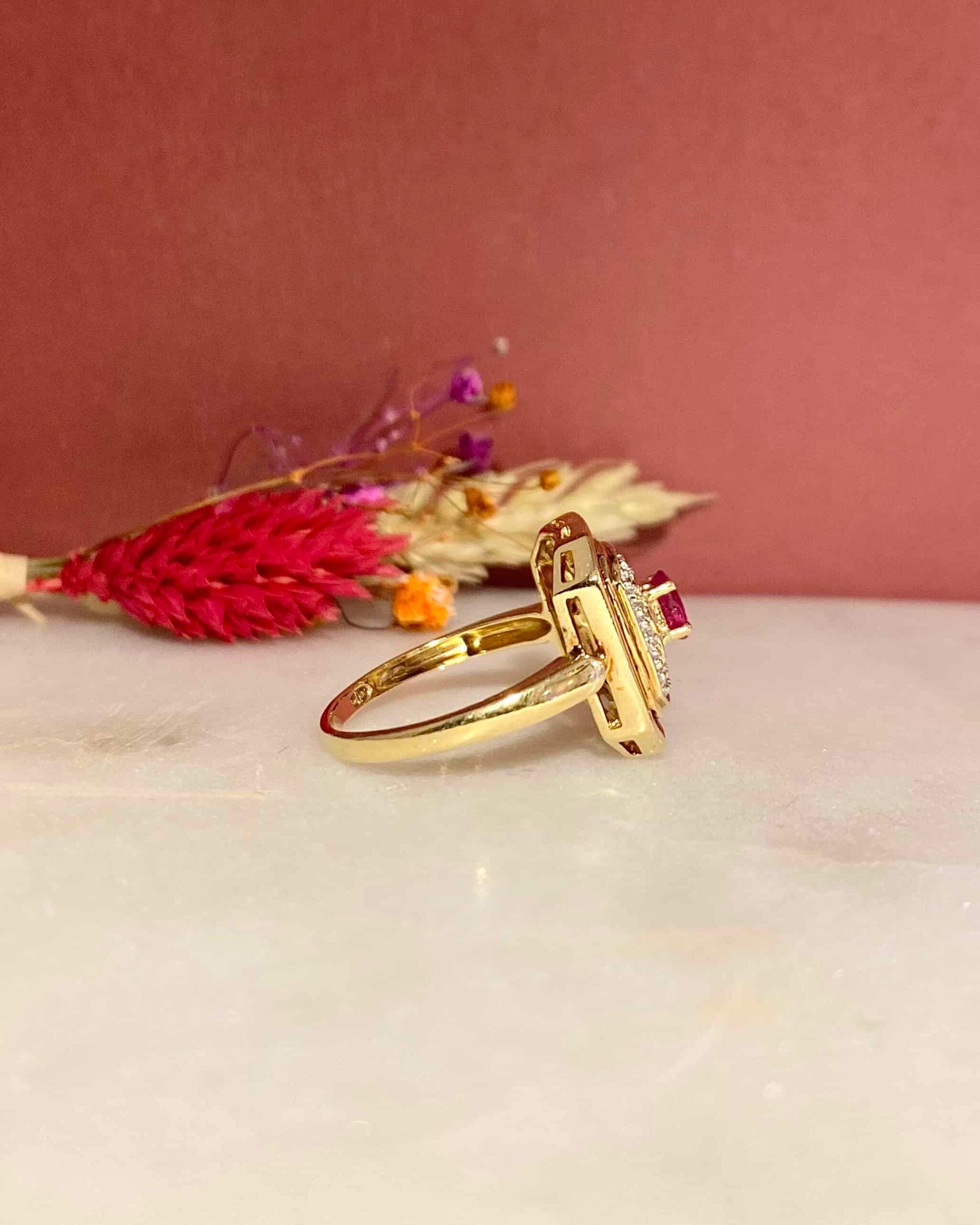 Art Deco Style Ring 25 Rubies & Diamonds "Paisley"