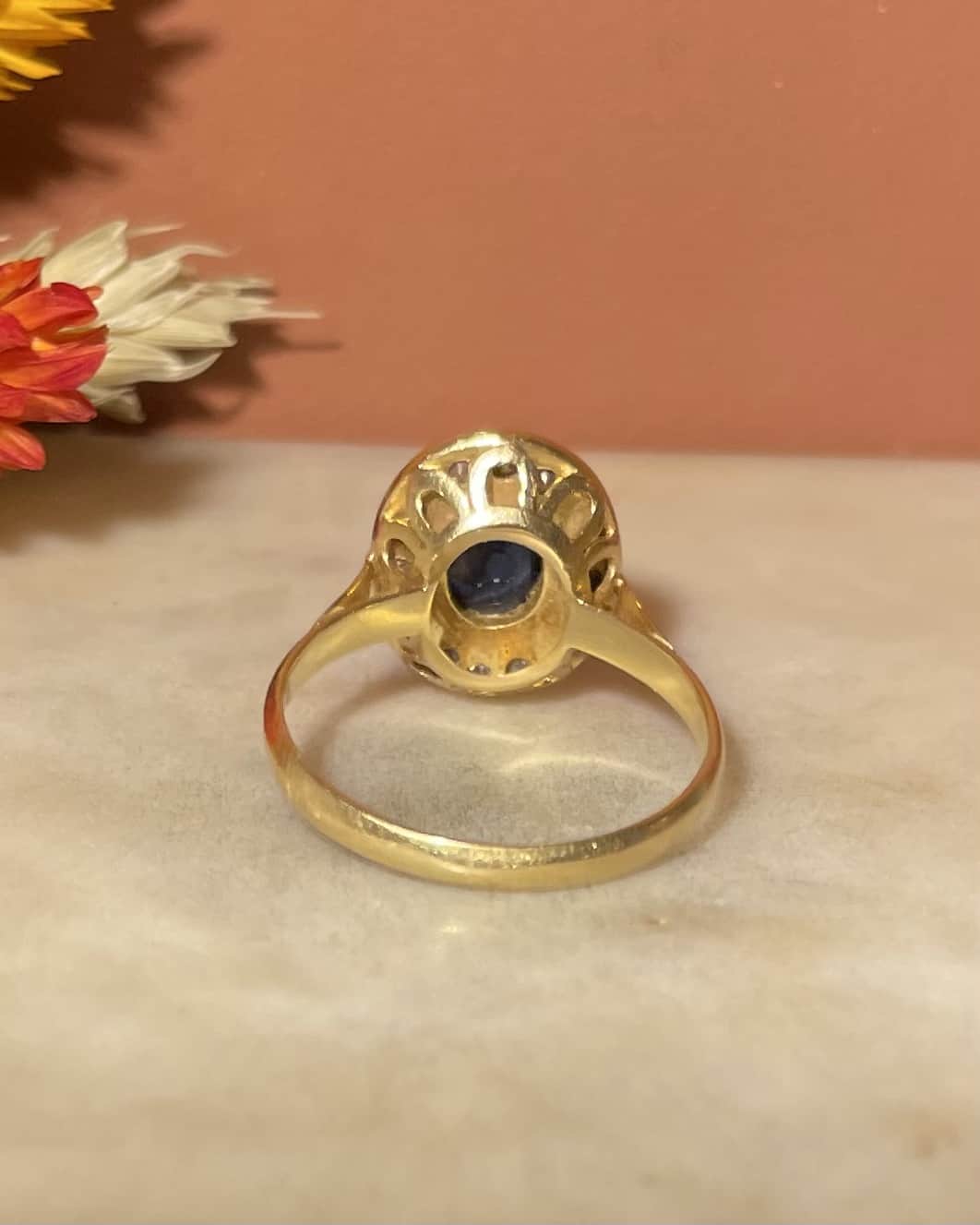 Art Deco Style Sapphire & 12 Diamond "Cosette" Ring