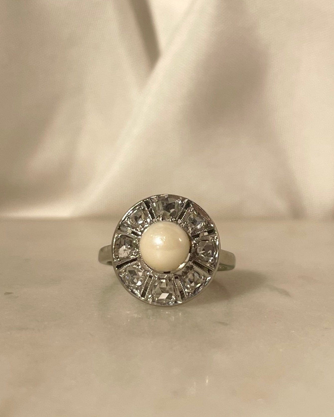 Bague Marguerite Art-Déco Perle & Diamants "Indigo"