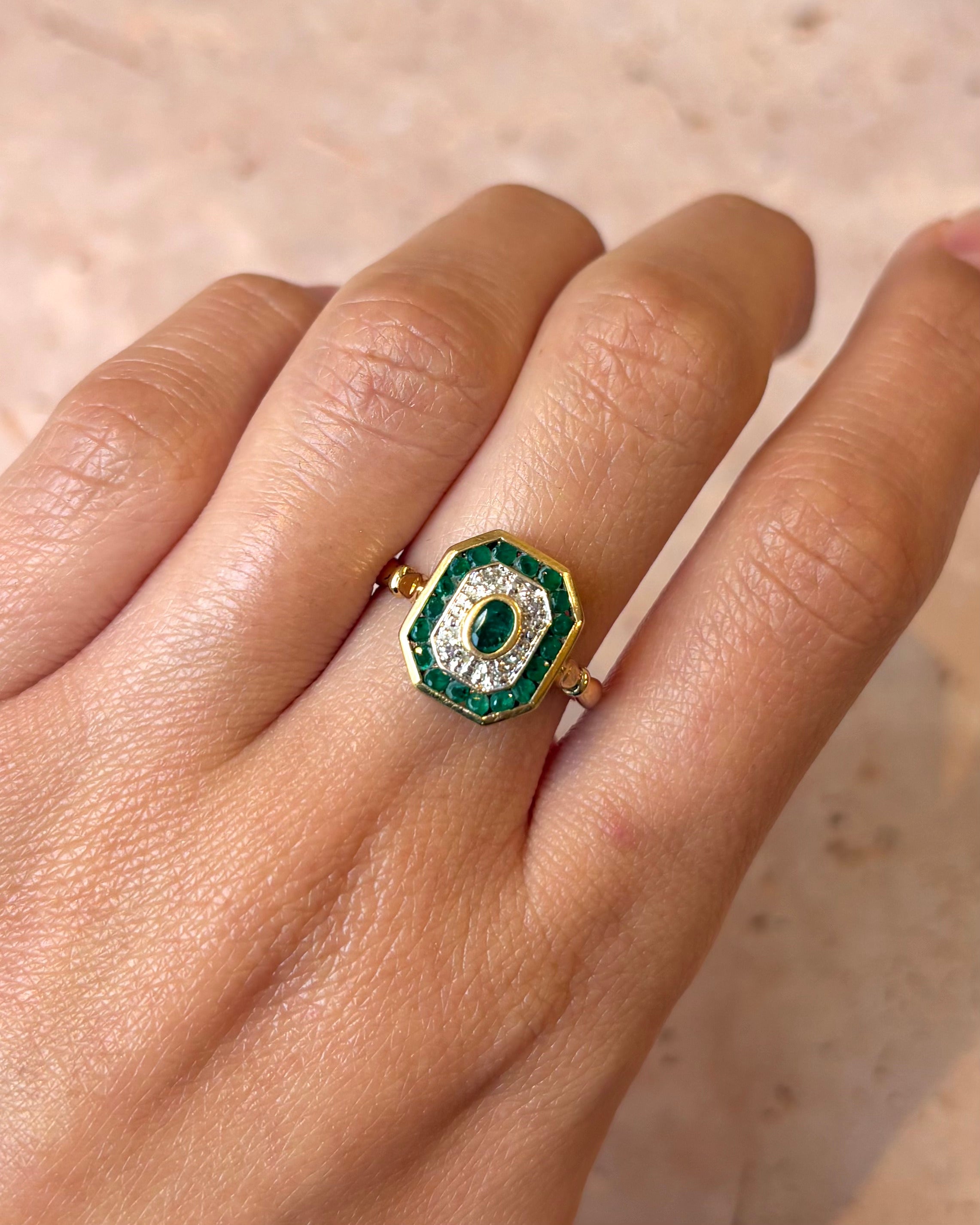Art Deco Style Ring Emeralds 1.11 Carat & Diamonds "Diana"