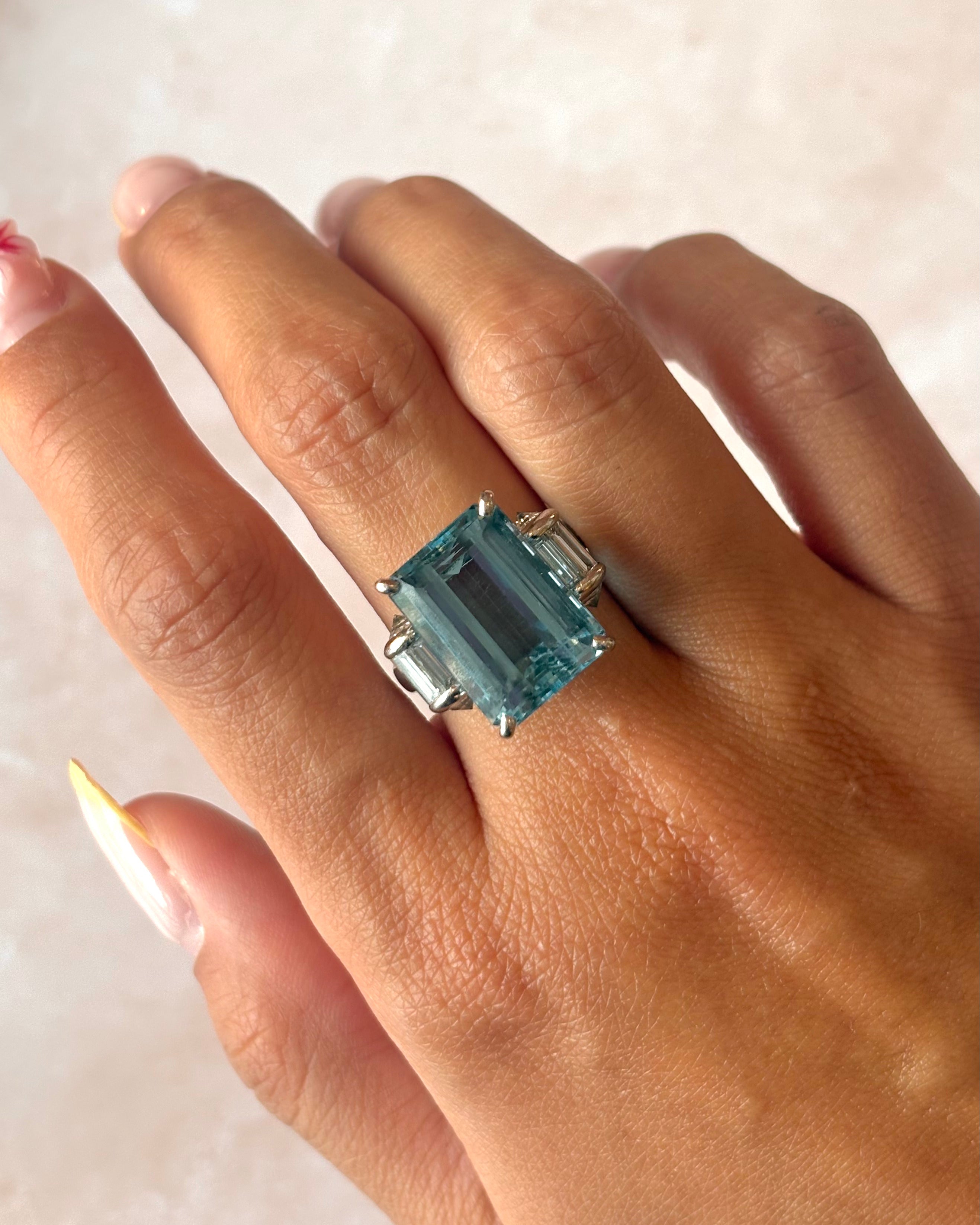 Aquamarine and diamond trilogy ring