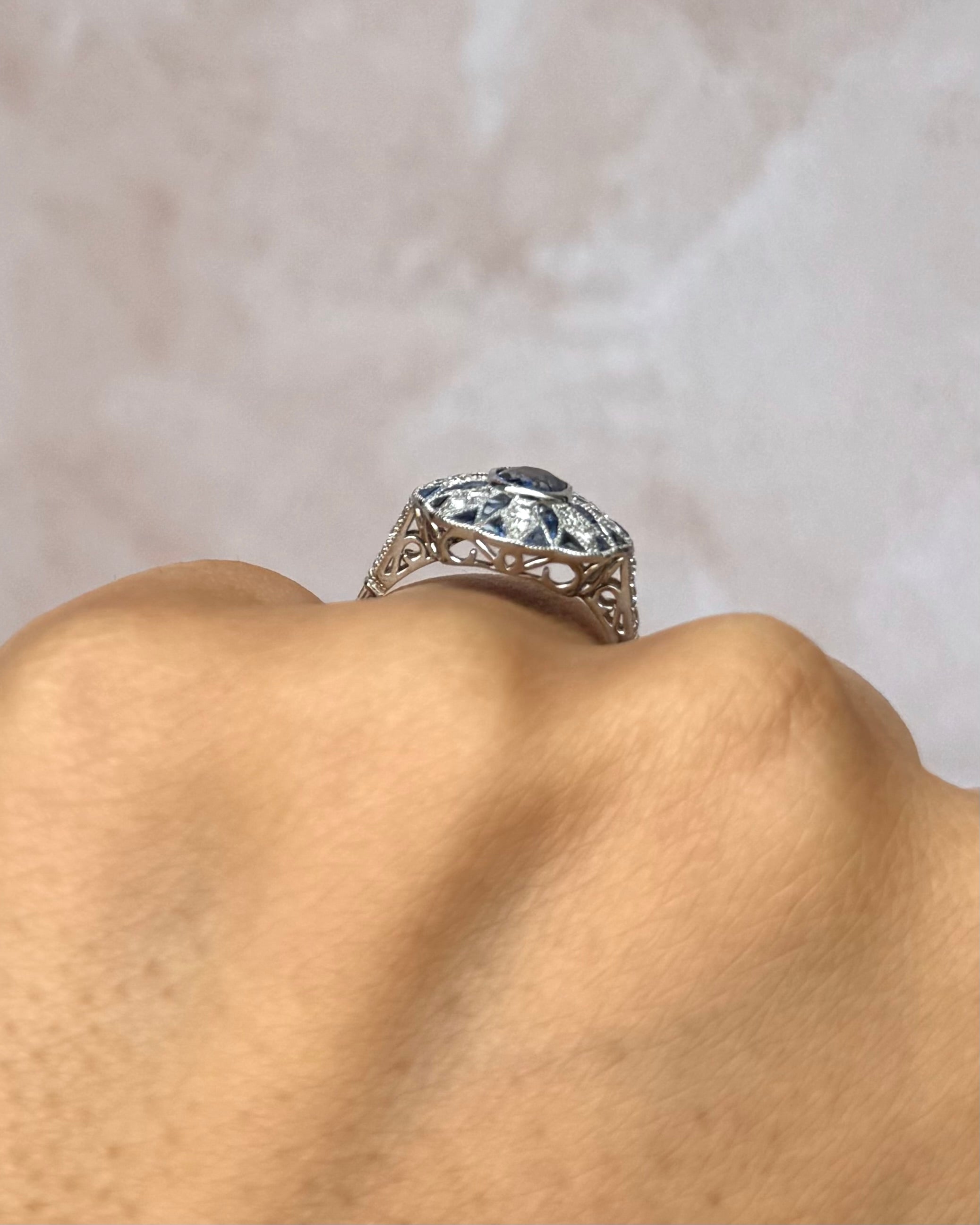 Art Deco Style Ring with Sapphires & Diamonds "Poseidon"