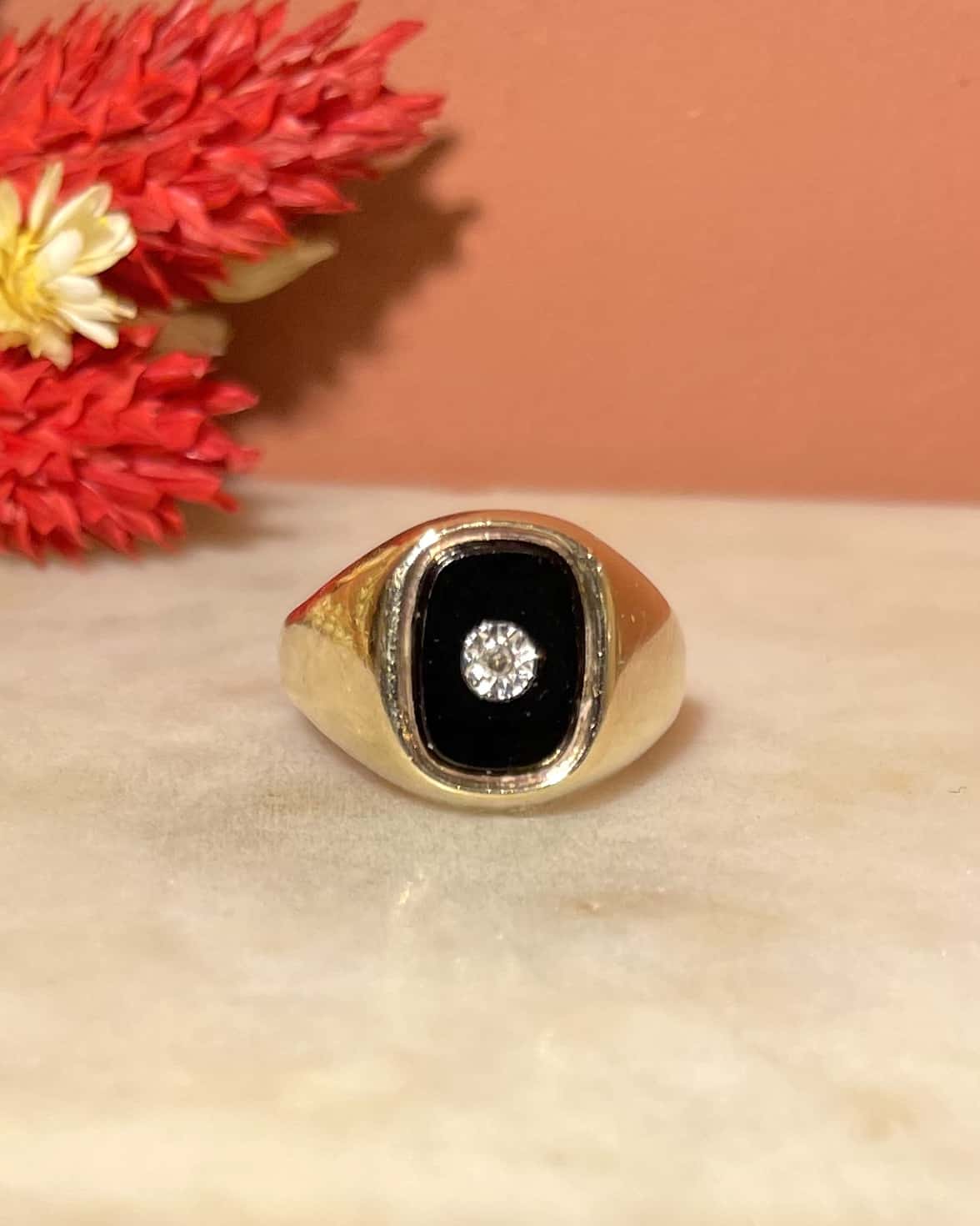 Chevalière vintage Onyx & Diamant "Astrid" - Elliade Paris