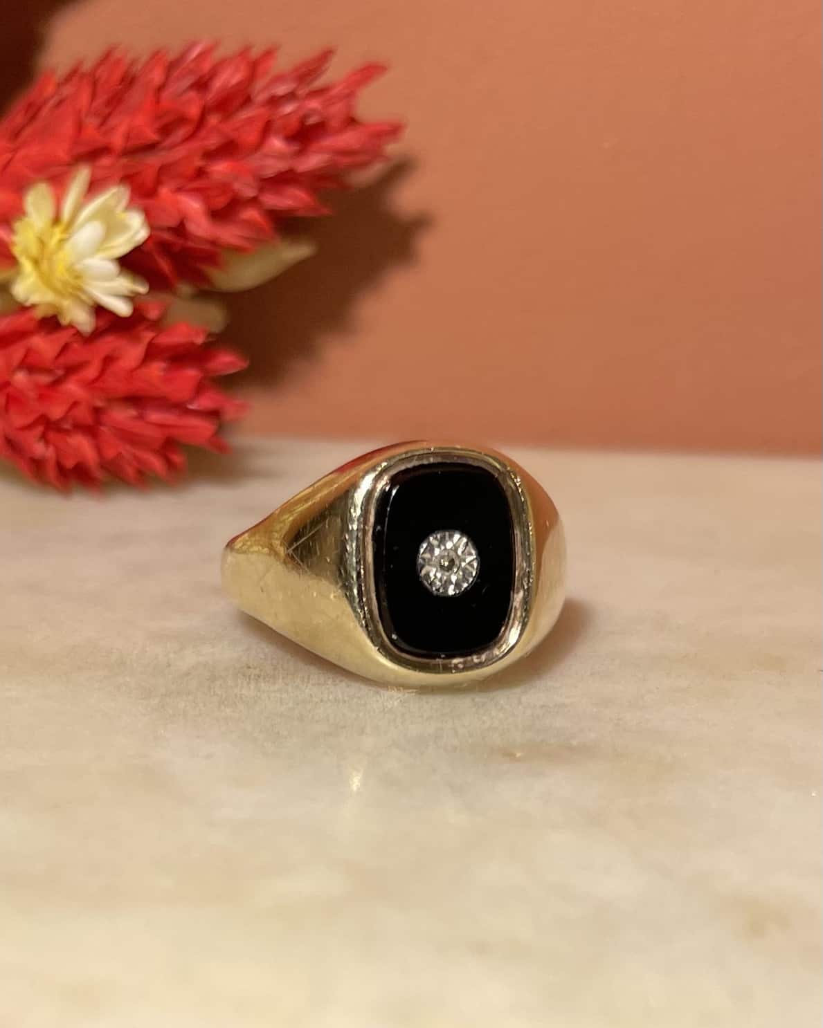 Chevalière vintage Onyx & Diamant "Astrid"