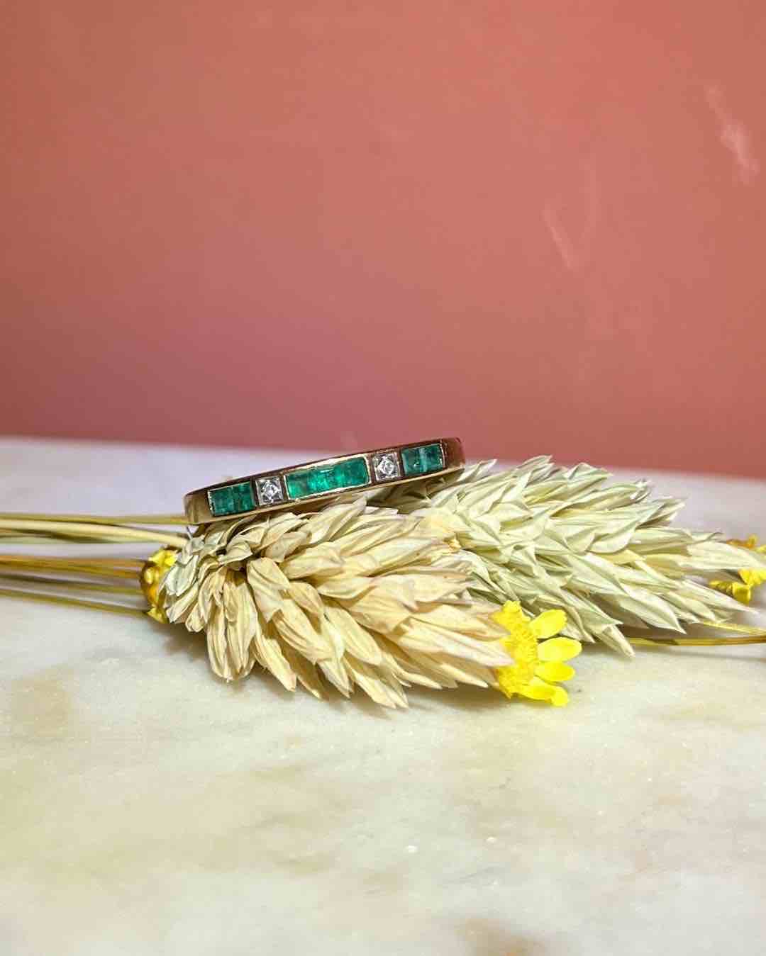 "Manella" Emerald & Diamond Half Wedding Band